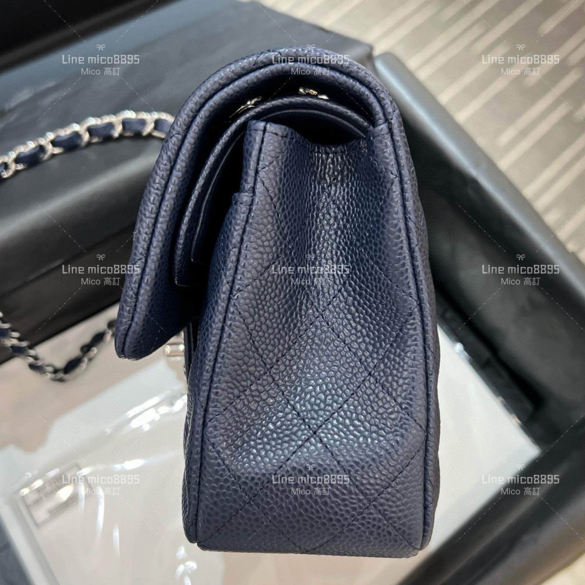 CHANEL Classic Flip Small CF 球紋魚子醬牛皮 海藍色/不車邊/銀釦 23cm