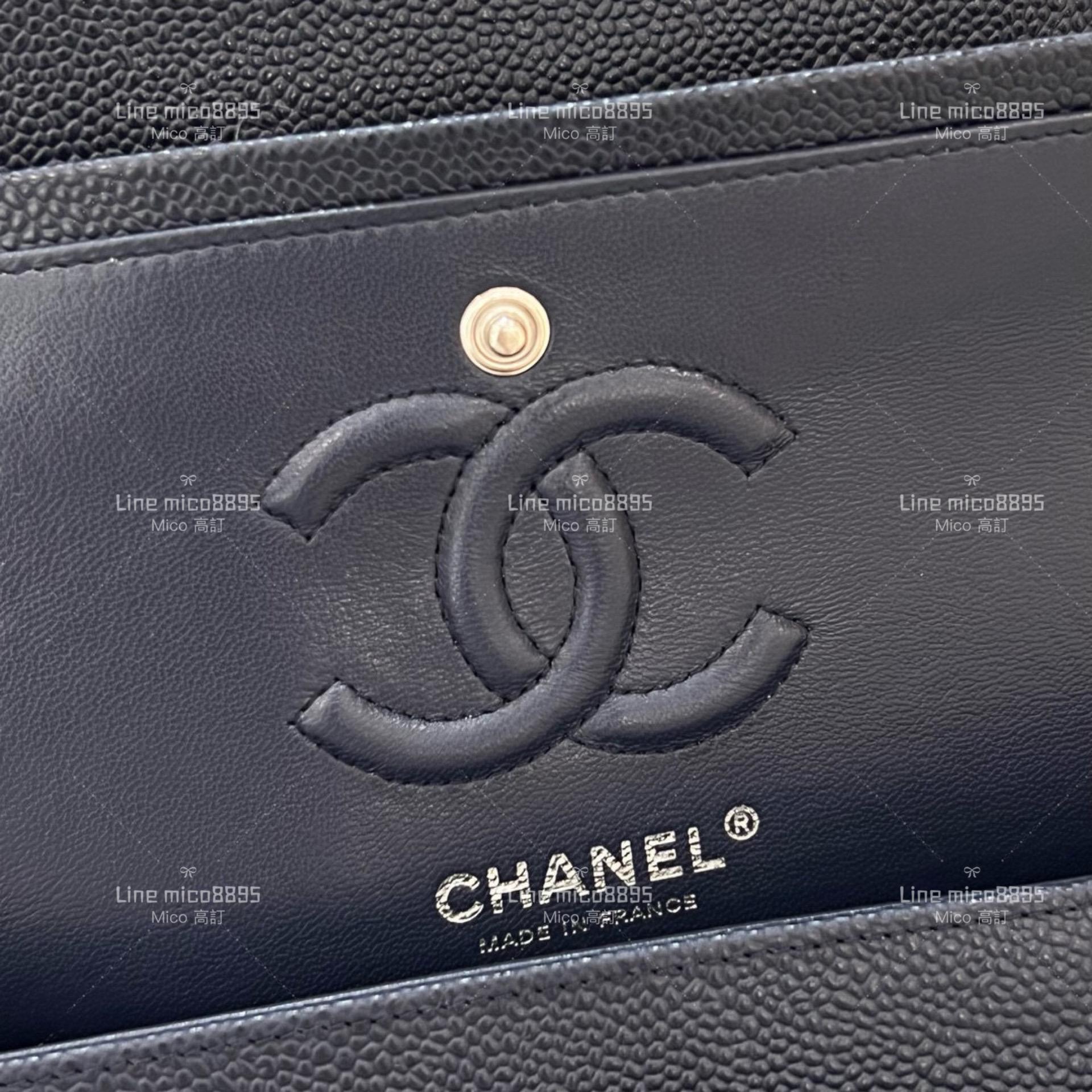 CHANEL Classic Flip Small CF 球紋魚子醬牛皮 海藍色/不車邊/銀釦 23cm