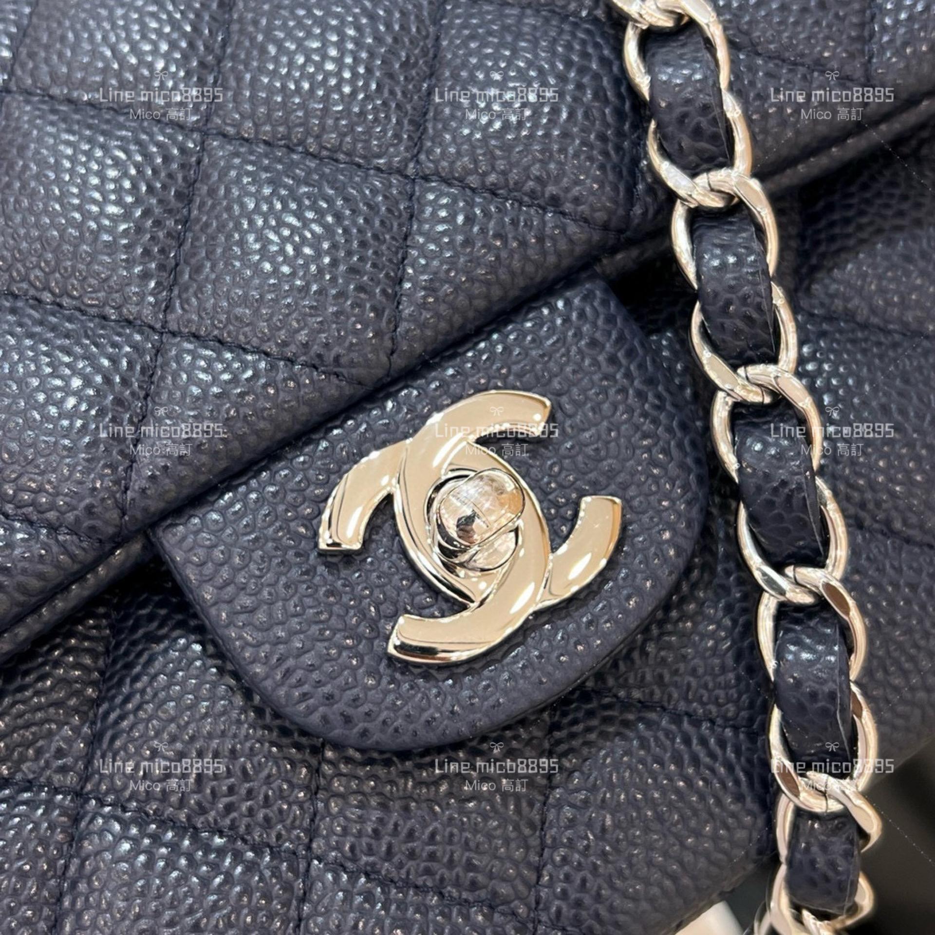 CHANEL Classic Flip Small CF 球紋魚子醬牛皮 海藍色/不車邊/銀釦 23cm