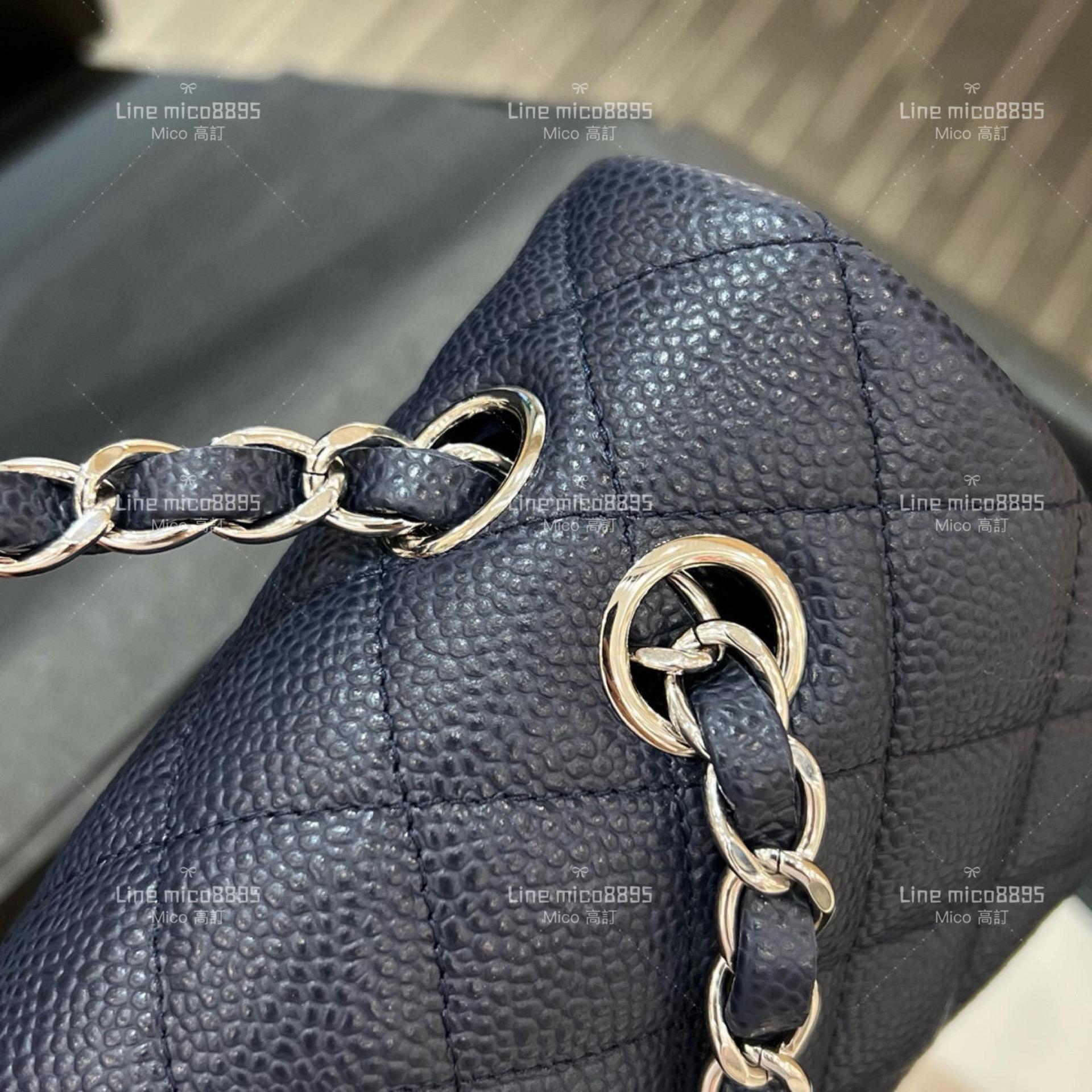 CHANEL Classic Flip Small CF 球紋魚子醬牛皮 海藍色/不車邊/銀釦 23cm