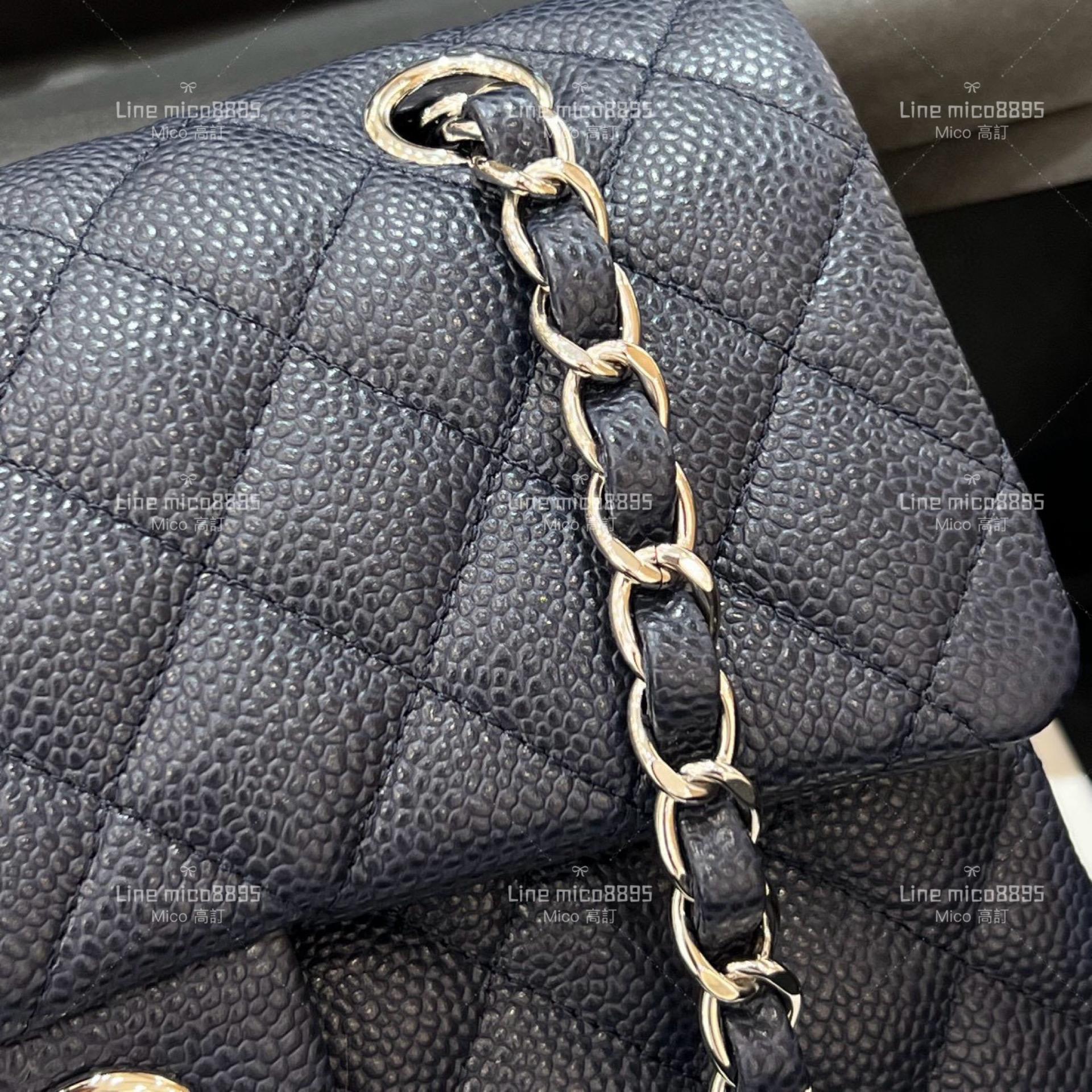 CHANEL Classic Flip Small CF 球紋魚子醬牛皮 海藍色/不車邊/銀釦 23cm