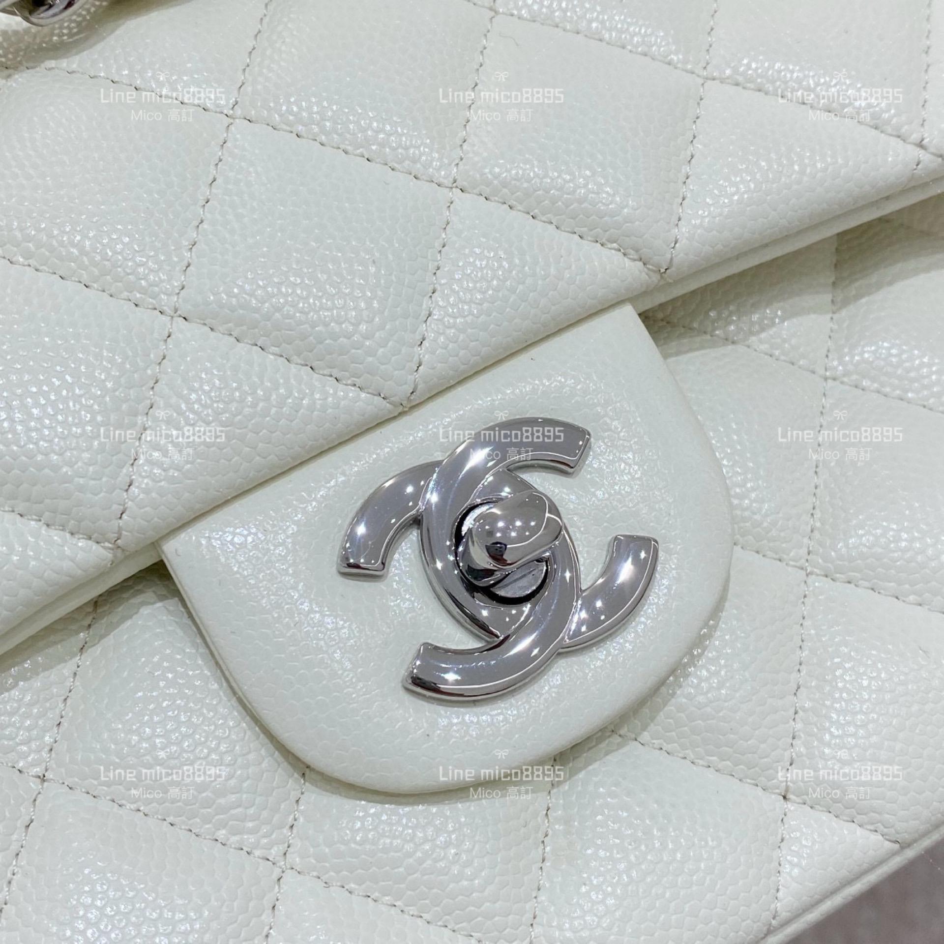 CHANEL Classic Flip Small CF 細球紋象牙白銀扣  不車邊/銀釦 23cm