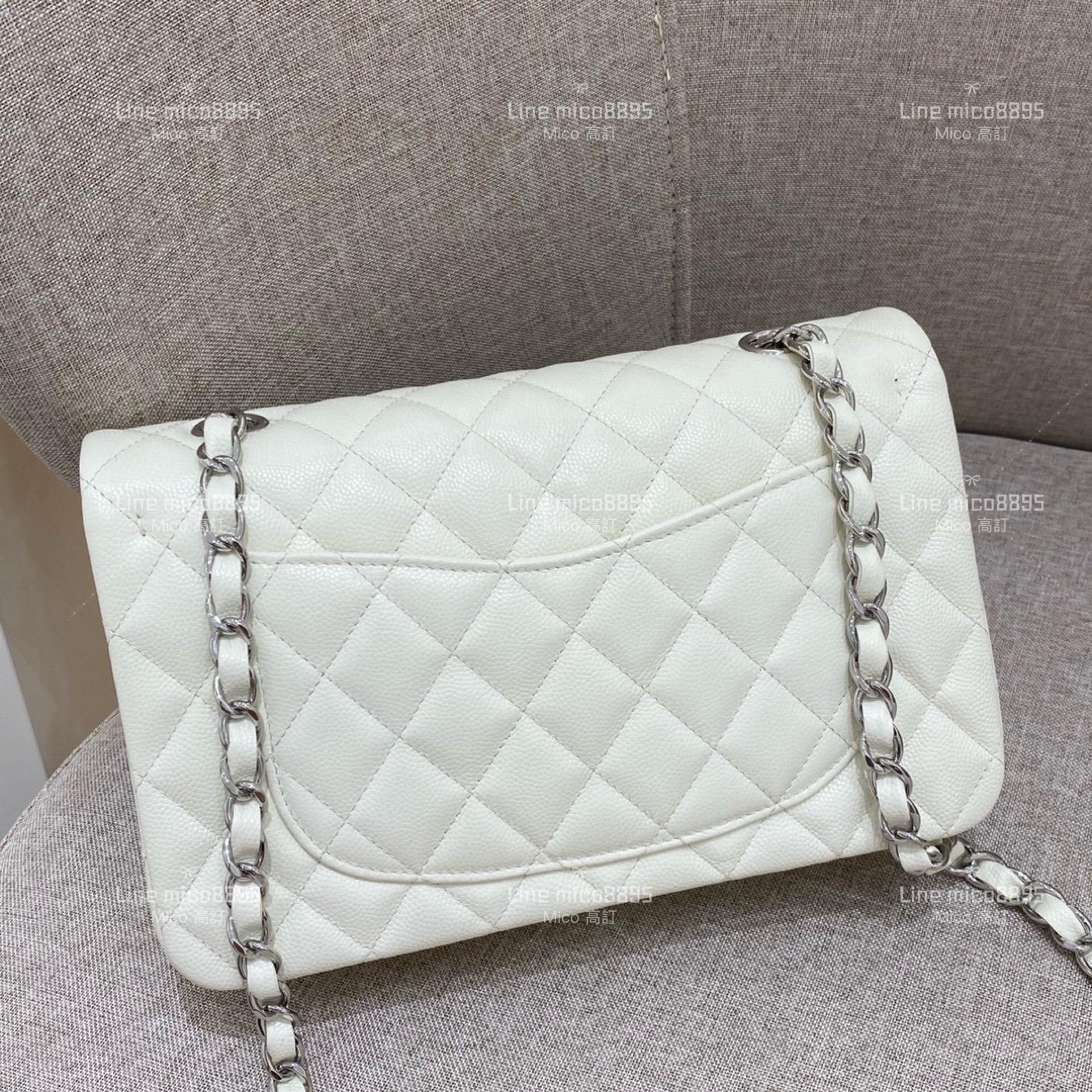 CHANEL Classic Flip Small CF 細球紋象牙白銀扣  不車邊/銀釦 23cm