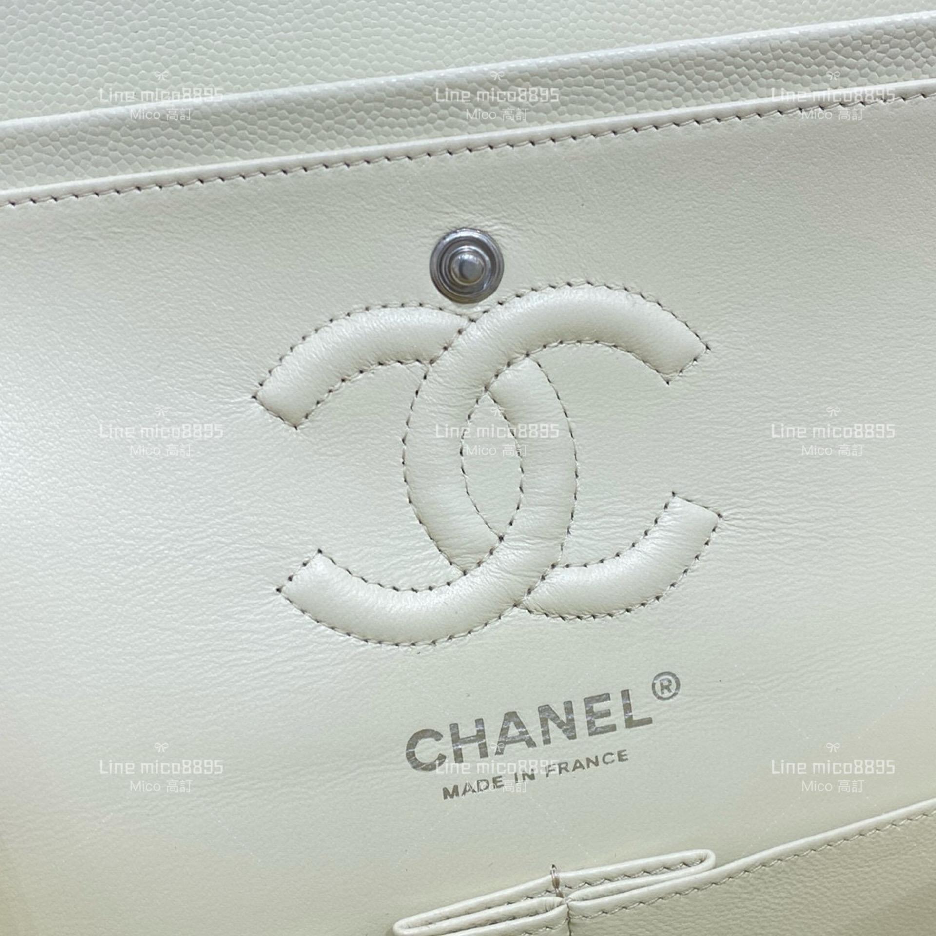 CHANEL Classic Flip Small CF 細球紋象牙白銀扣  不車邊/銀釦 23cm