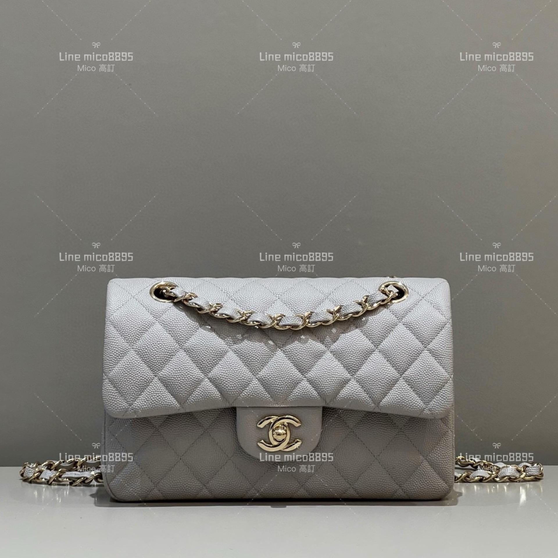 CHANEL Classic Flip Small CF 球紋魚子醬牛皮 大象灰/不車邊/銀釦 23cm