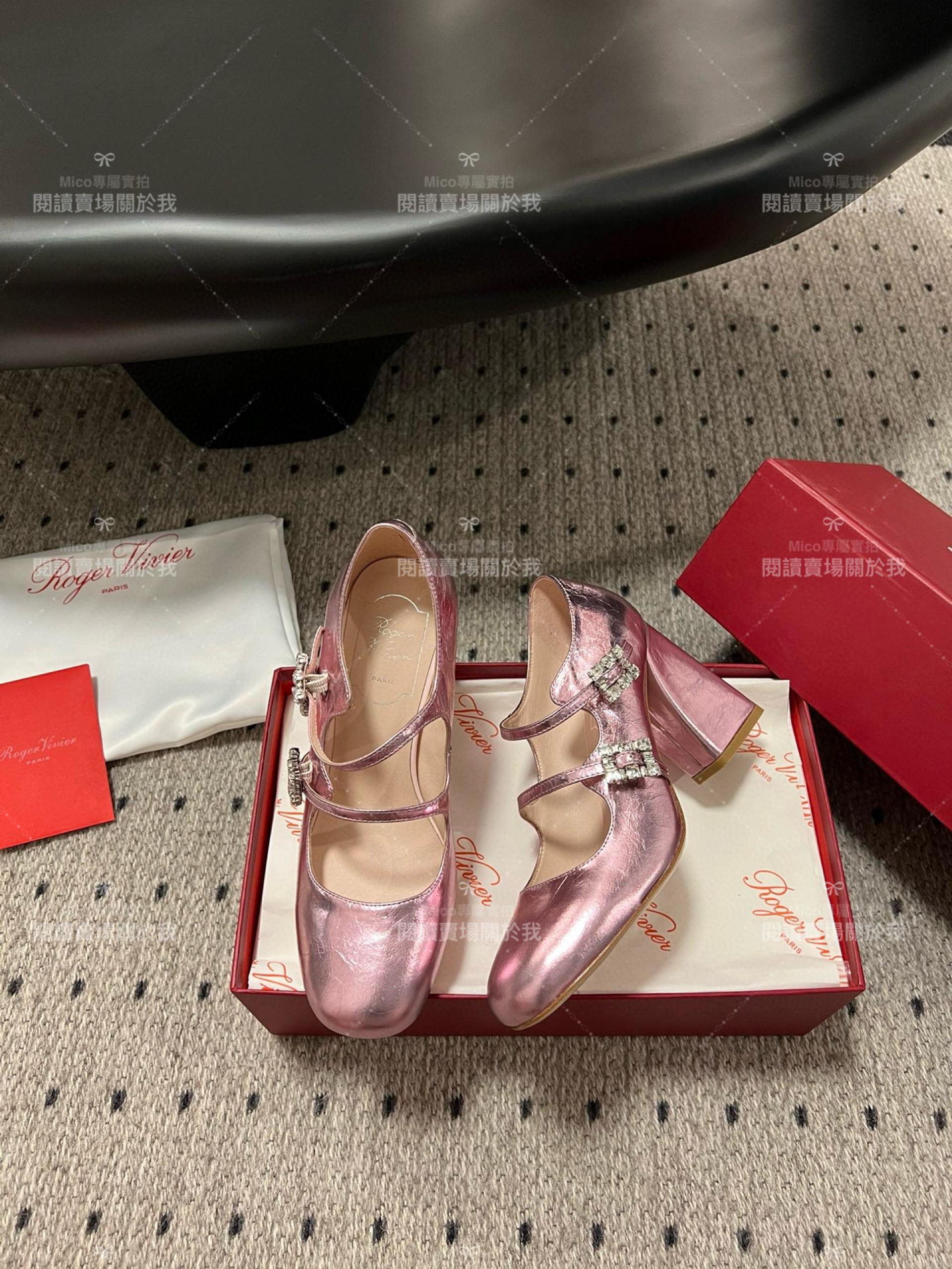 Roger vivier 水鑽釦 瑪莉珍粗跟高跟鞋 金屬粉 RV Tres Vivier mini babies 跟高8.5cm 34-40