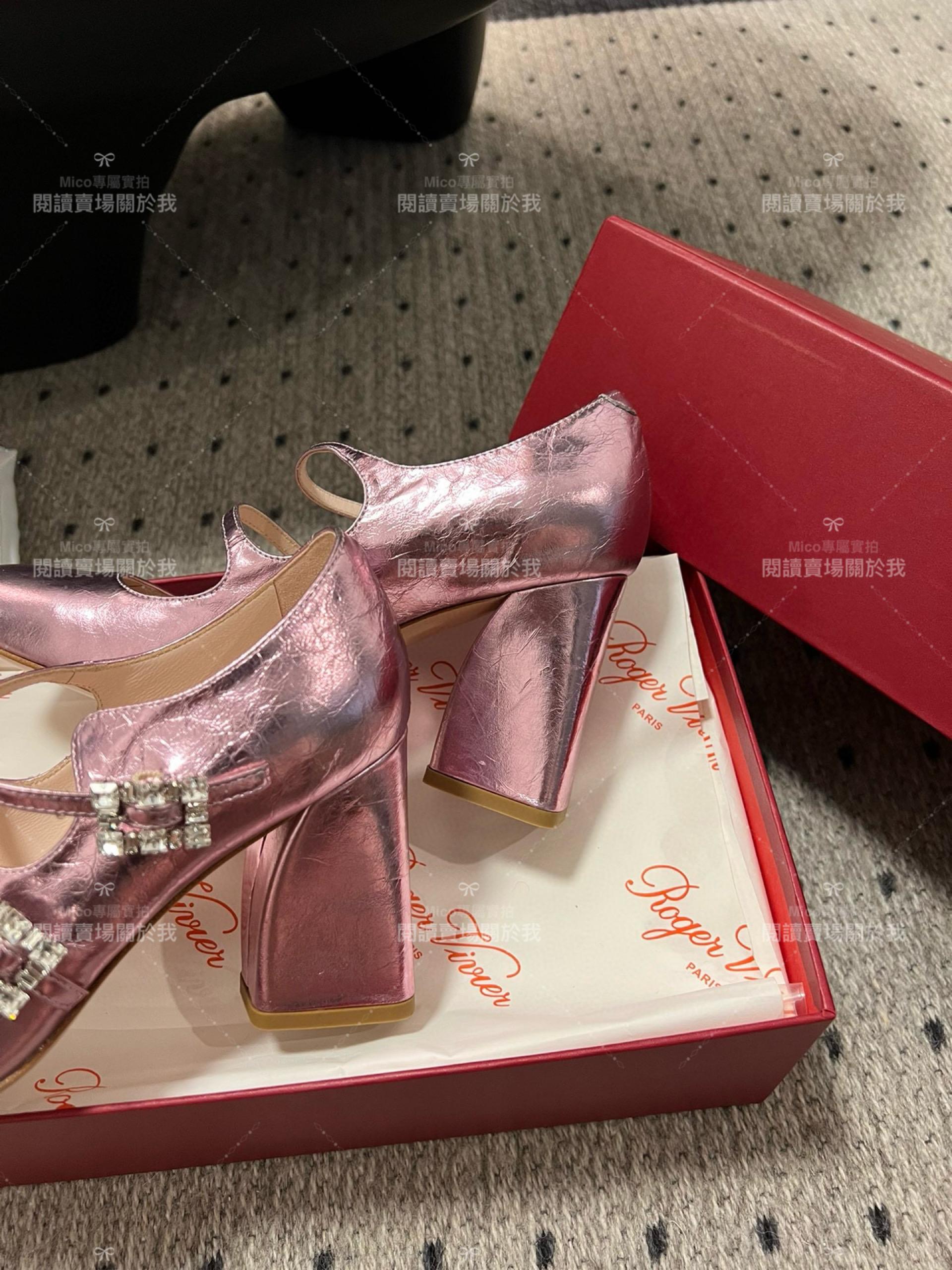 Roger vivier 水鑽釦 瑪莉珍粗跟高跟鞋 金屬粉 RV Tres Vivier mini babies 跟高8.5cm 34-40