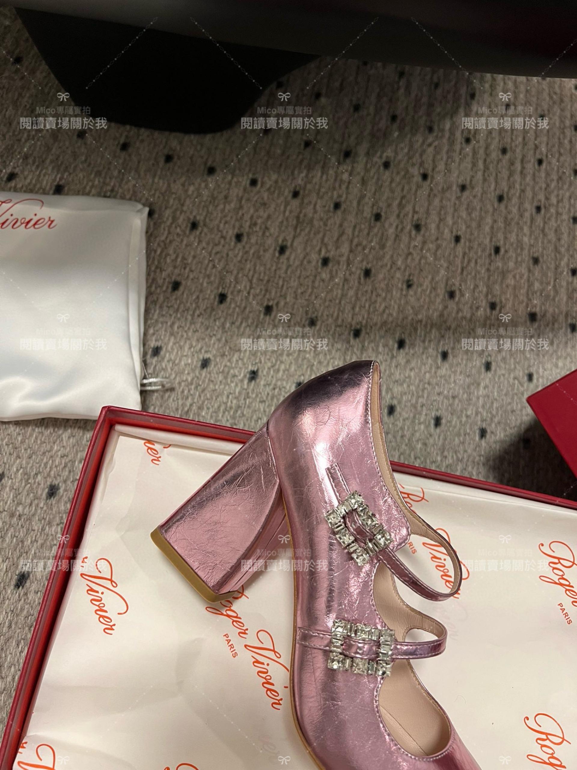 Roger vivier 水鑽釦 瑪莉珍粗跟高跟鞋 金屬粉 RV Tres Vivier mini babies 跟高8.5cm 34-40