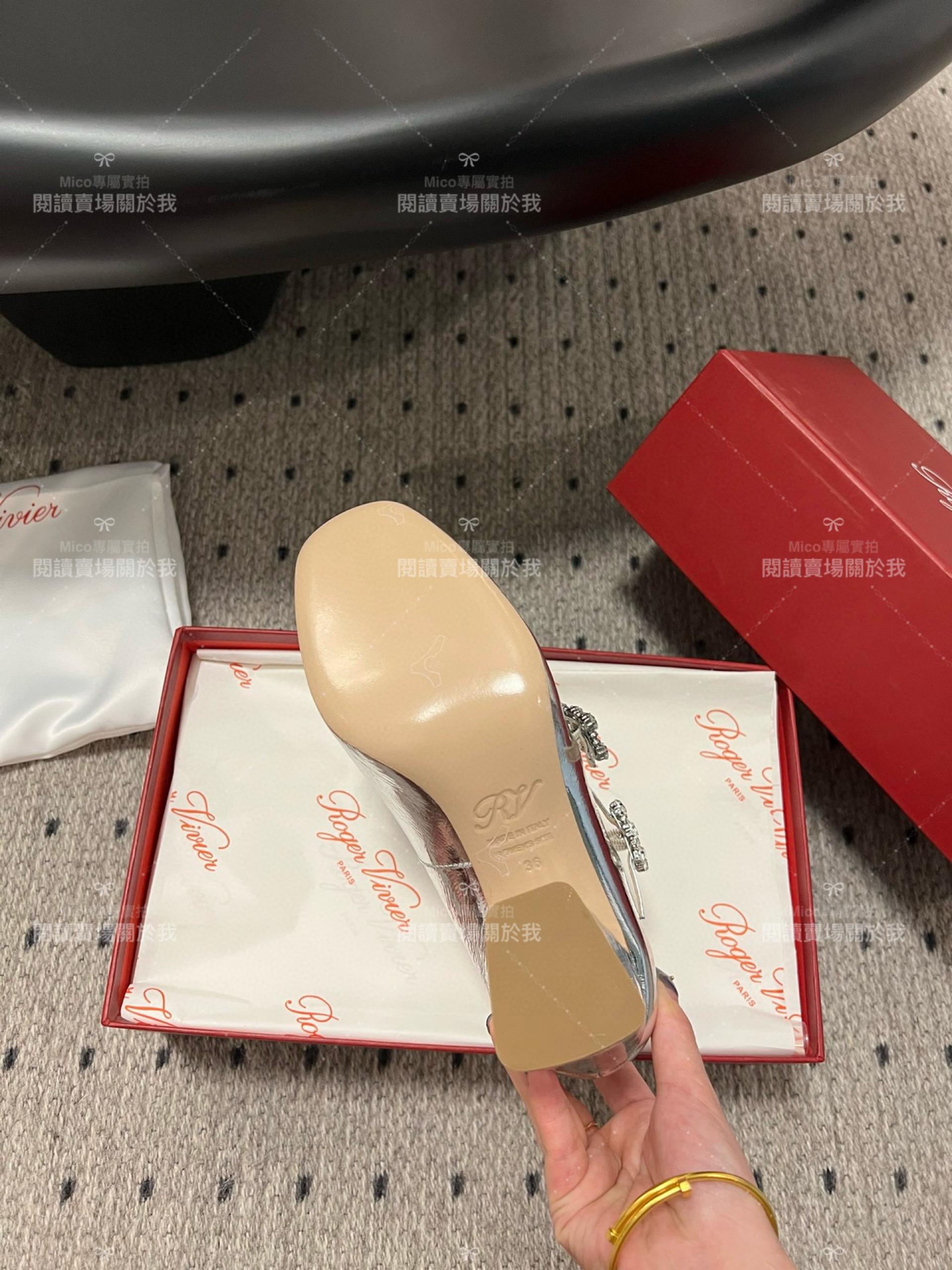 Roger vivier 水鑽釦 瑪莉珍粗跟高跟鞋 金屬銀 RV Tres Vivier mini babies 跟高8.5cm 34-40
