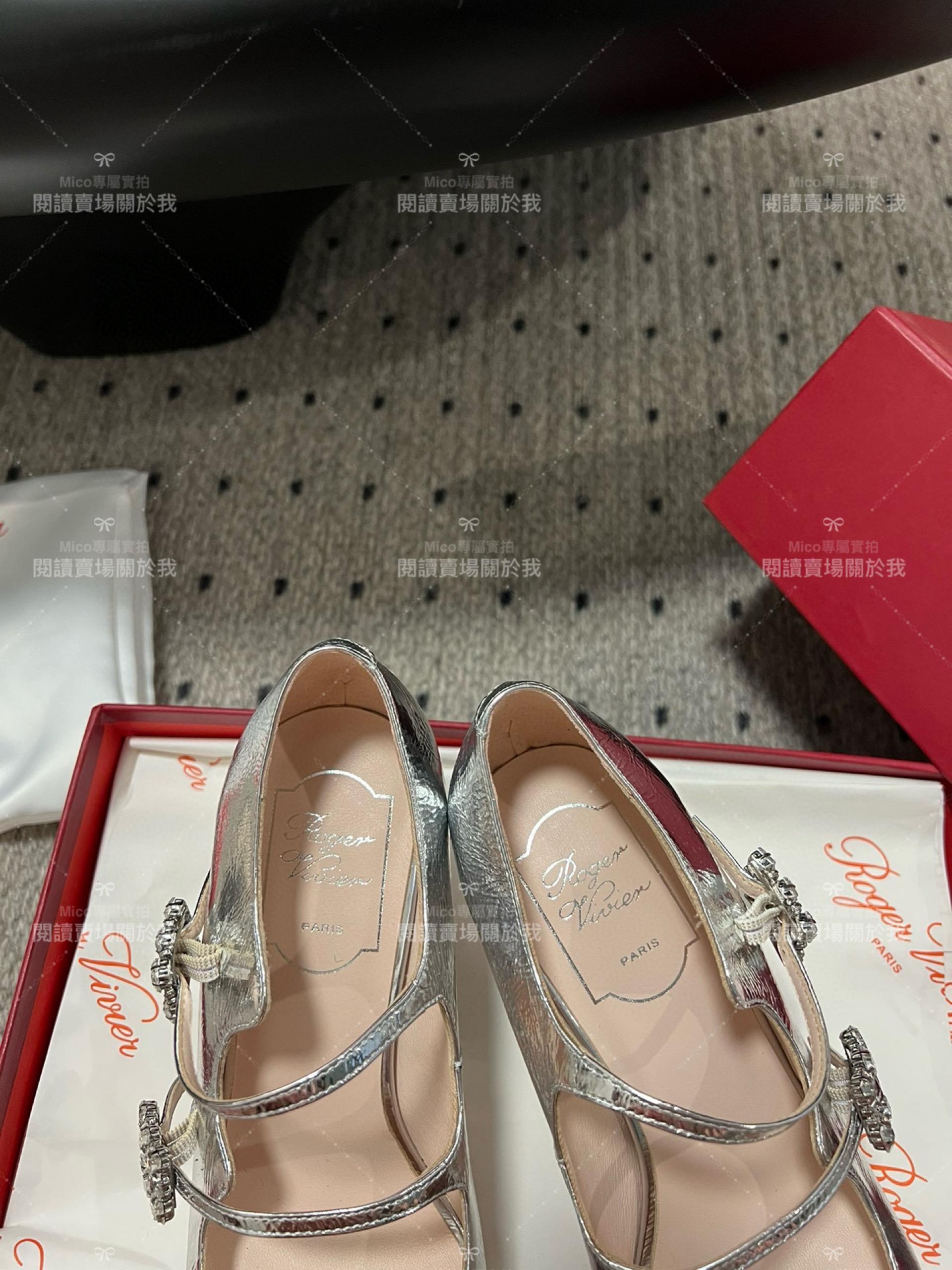 Roger vivier 水鑽釦 瑪莉珍粗跟高跟鞋 金屬銀 RV Tres Vivier mini babies 跟高8.5cm 34-40