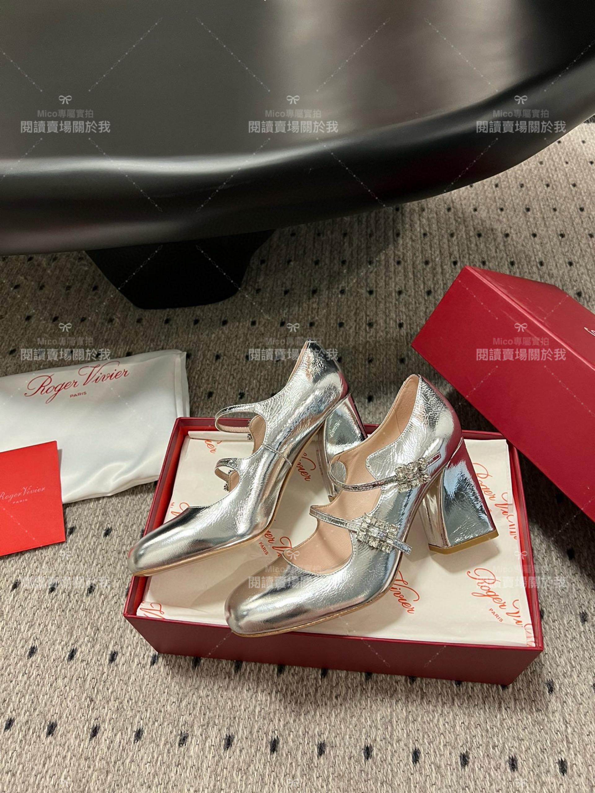 Roger vivier 水鑽釦 瑪莉珍粗跟高跟鞋 金屬銀 RV Tres Vivier mini babies 跟高8.5cm 34-40