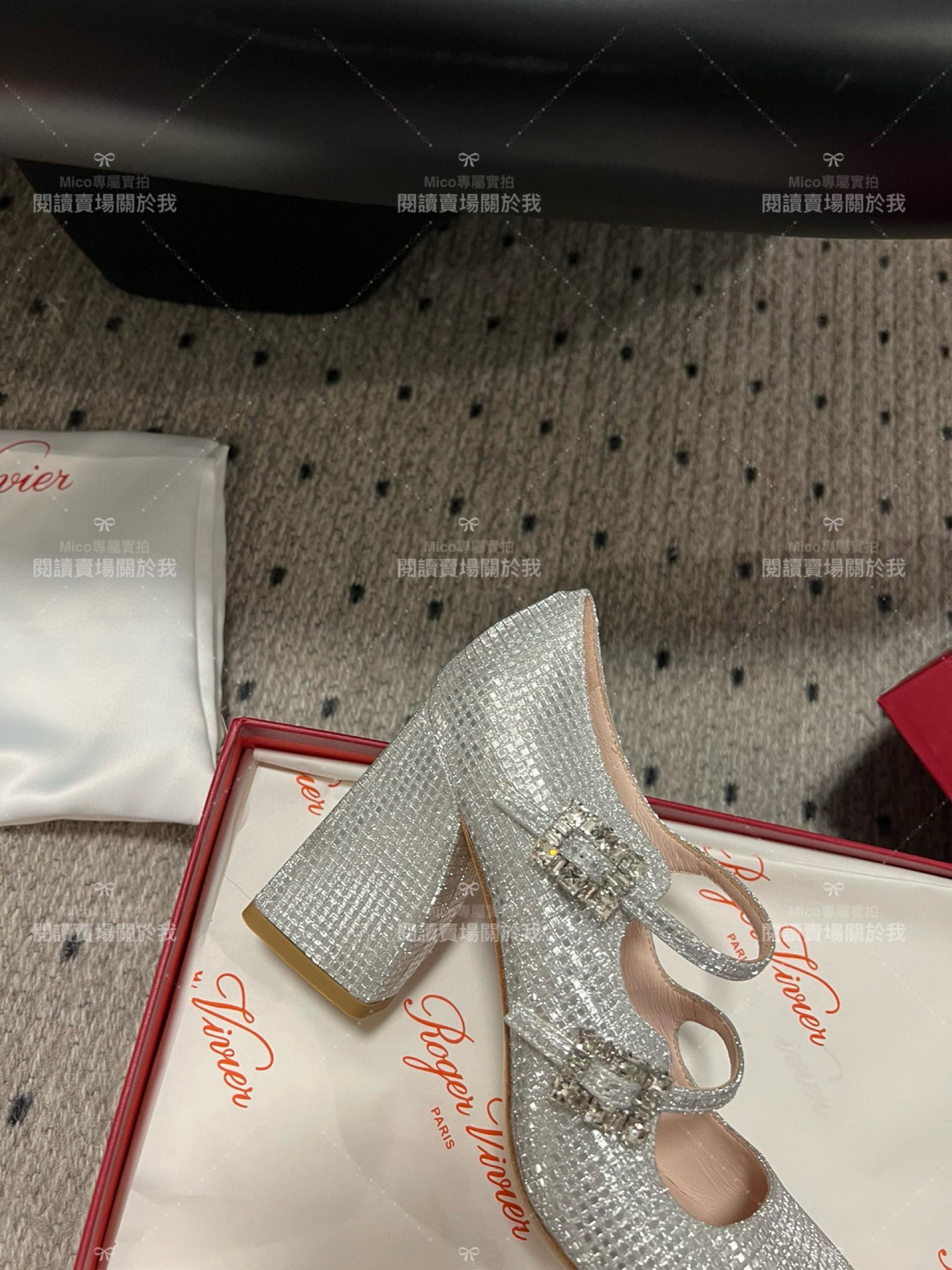 Roger vivier 水鑽釦 瑪莉珍粗跟高跟鞋 閃銀 RV Tres Vivier mini babies 跟高8.5cm 34-40