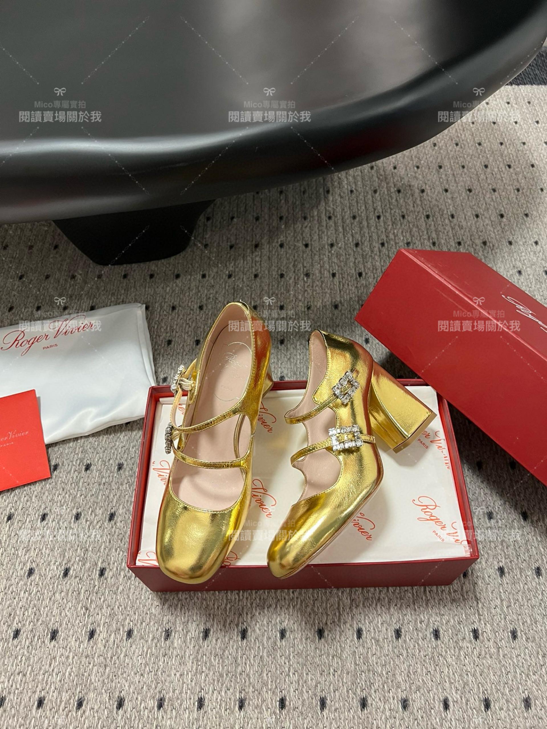 Roger vivier 水鑽釦 瑪莉珍粗跟高跟鞋 金色 RV Tres Vivier mini babies 跟高8.5cm 34-40