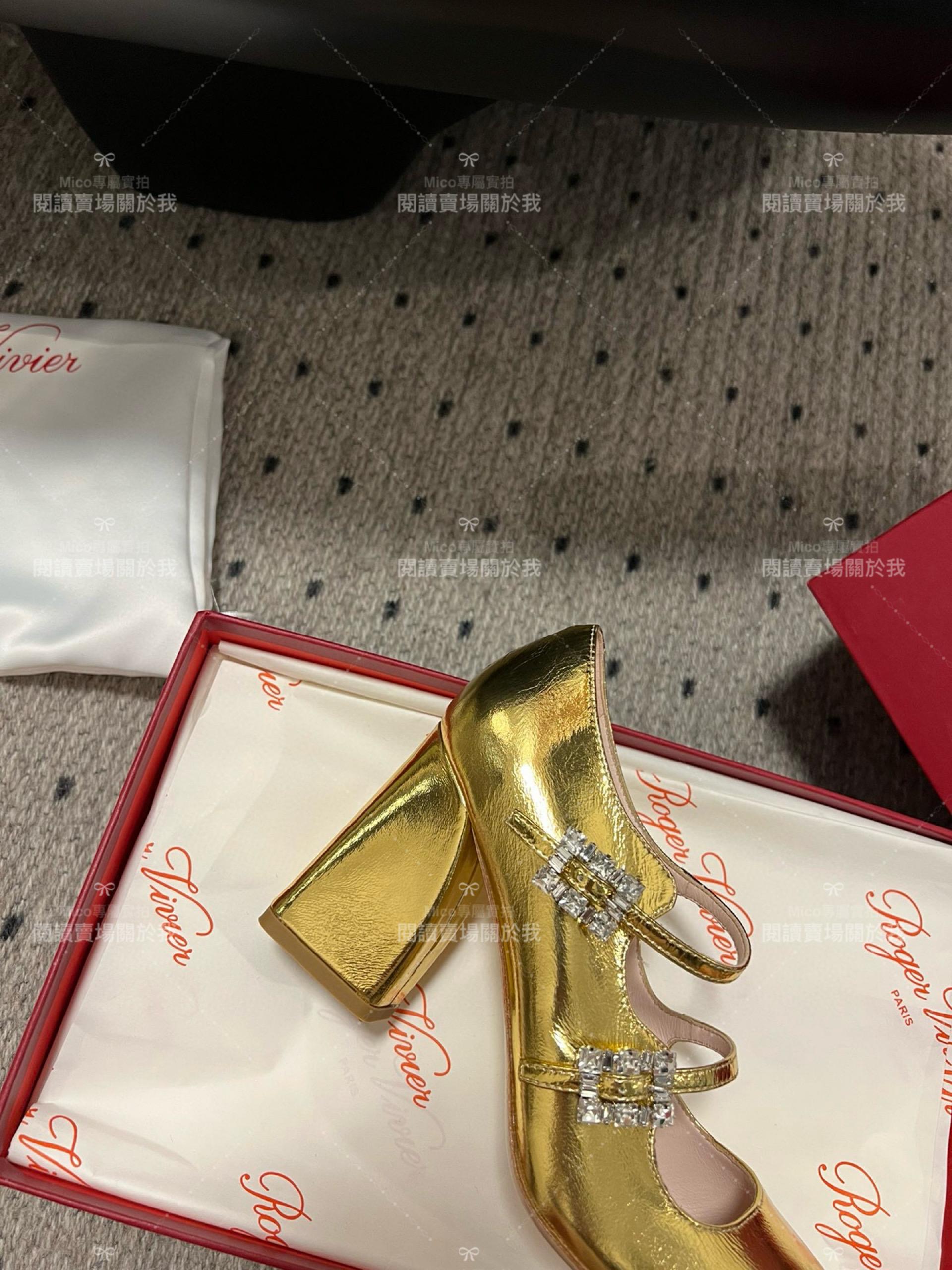 Roger vivier 水鑽釦 瑪莉珍粗跟高跟鞋 金色 RV Tres Vivier mini babies 跟高8.5cm 34-40