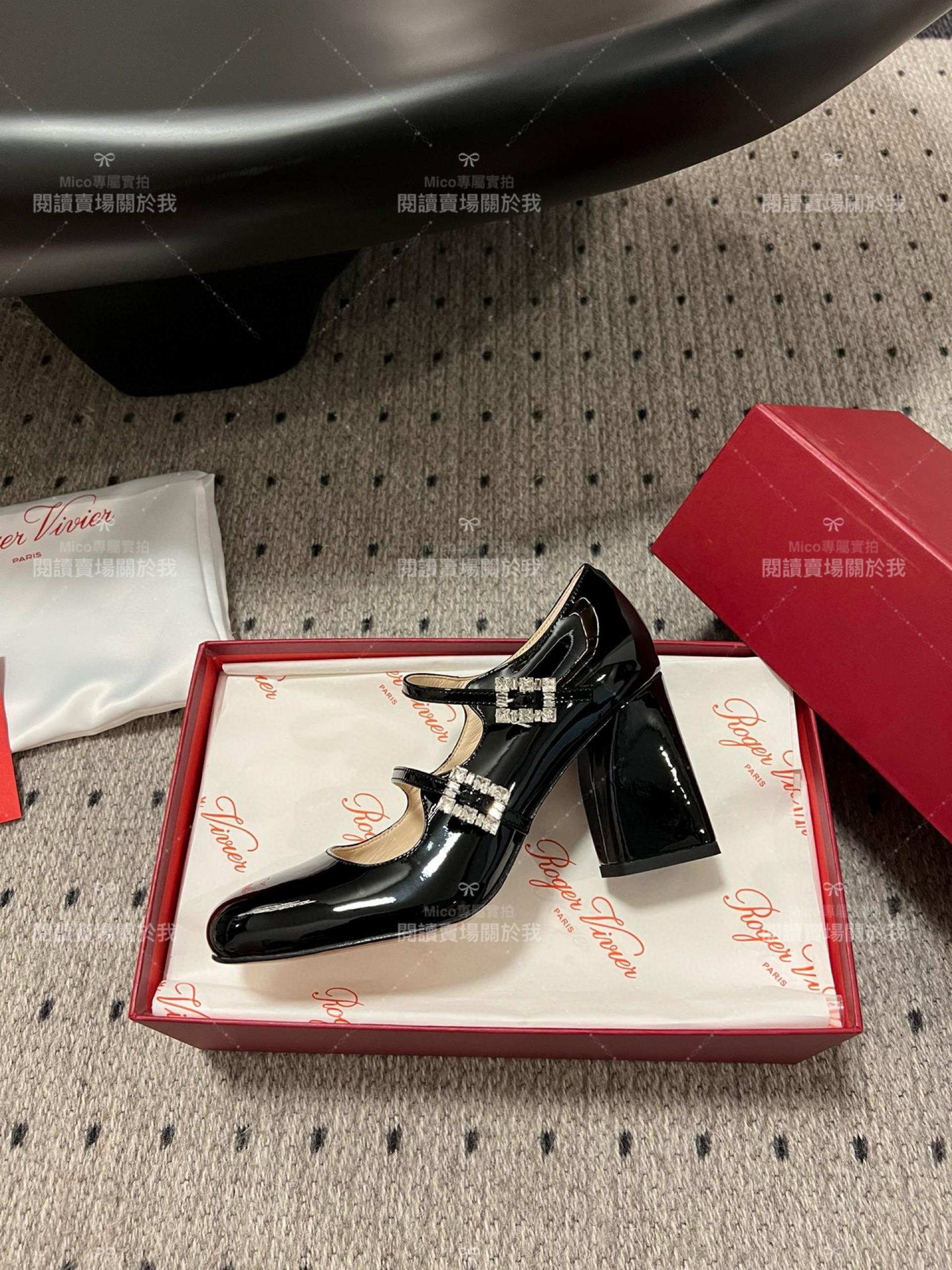 Roger vivier 水鑽釦 瑪莉珍粗跟高跟鞋 經典黑 漆皮 RV Tres Vivier mini babies 跟高8.5cm 34-40