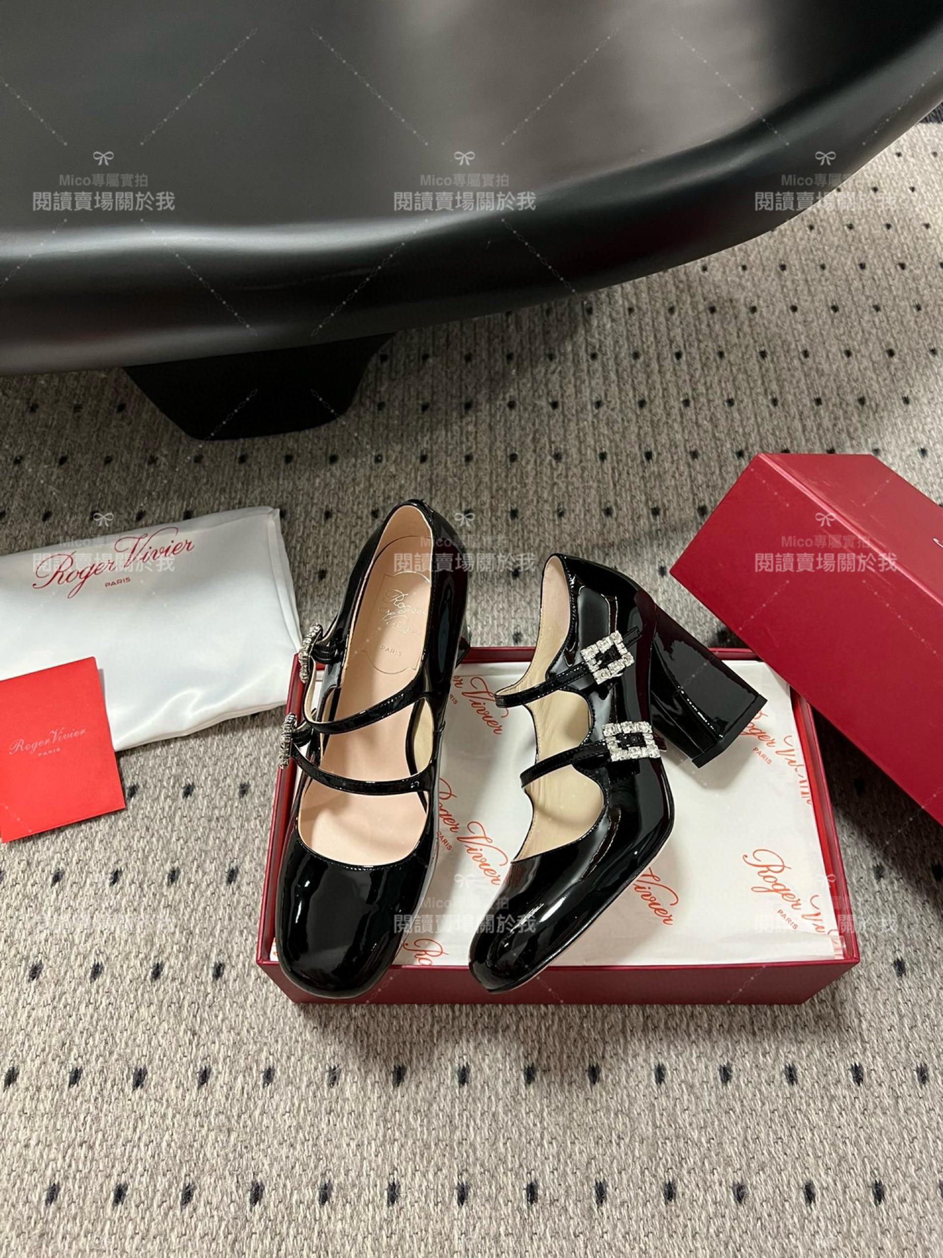 Roger vivier 水鑽釦 瑪莉珍粗跟高跟鞋 經典黑 漆皮 RV Tres Vivier mini babies 跟高8.5cm 34-40