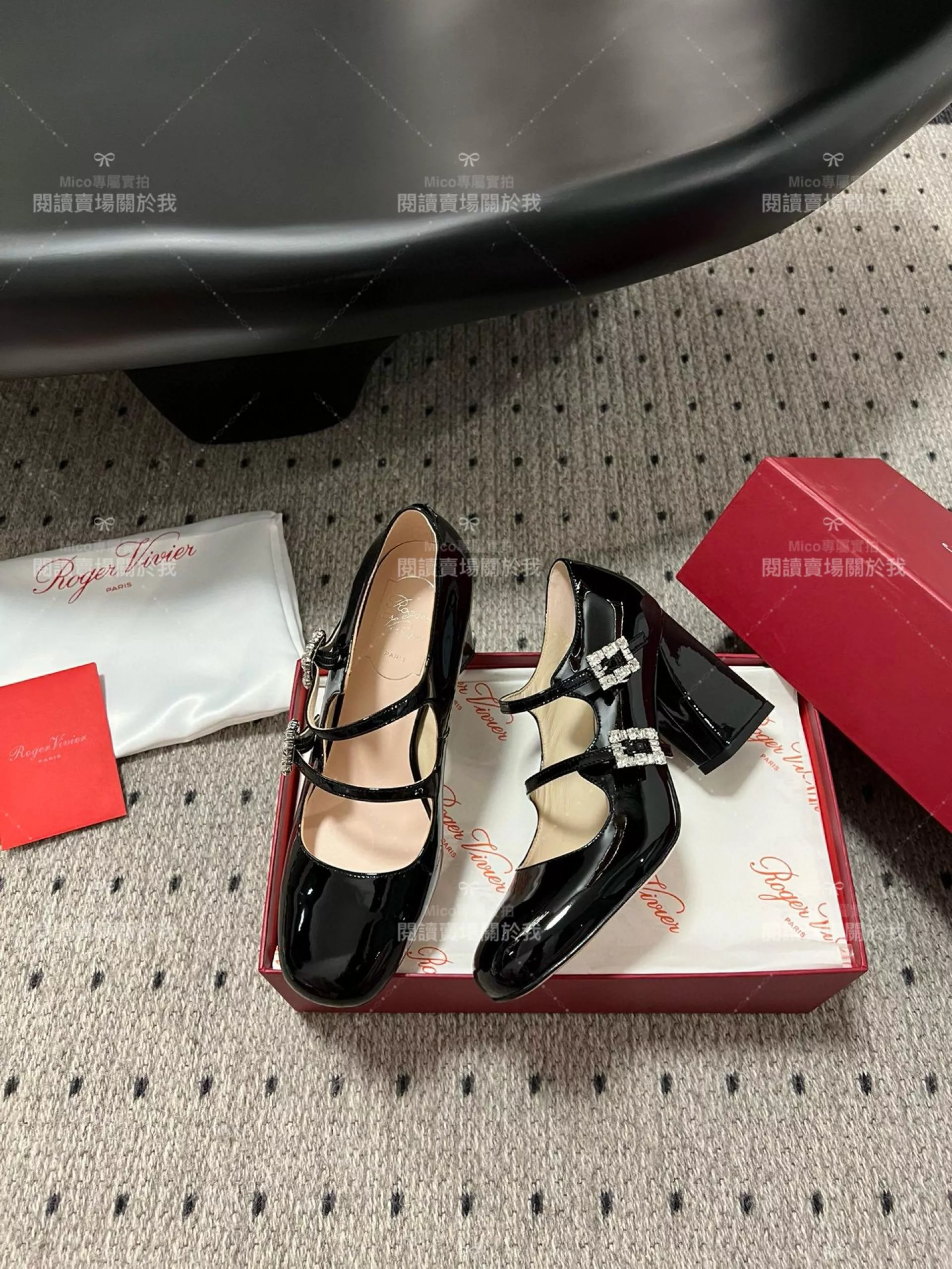 Roger vivier 水鑽釦 瑪莉珍粗跟高跟鞋 經典黑 漆皮 RV Tres Vivier mini babies 跟高8.5cm 34-40