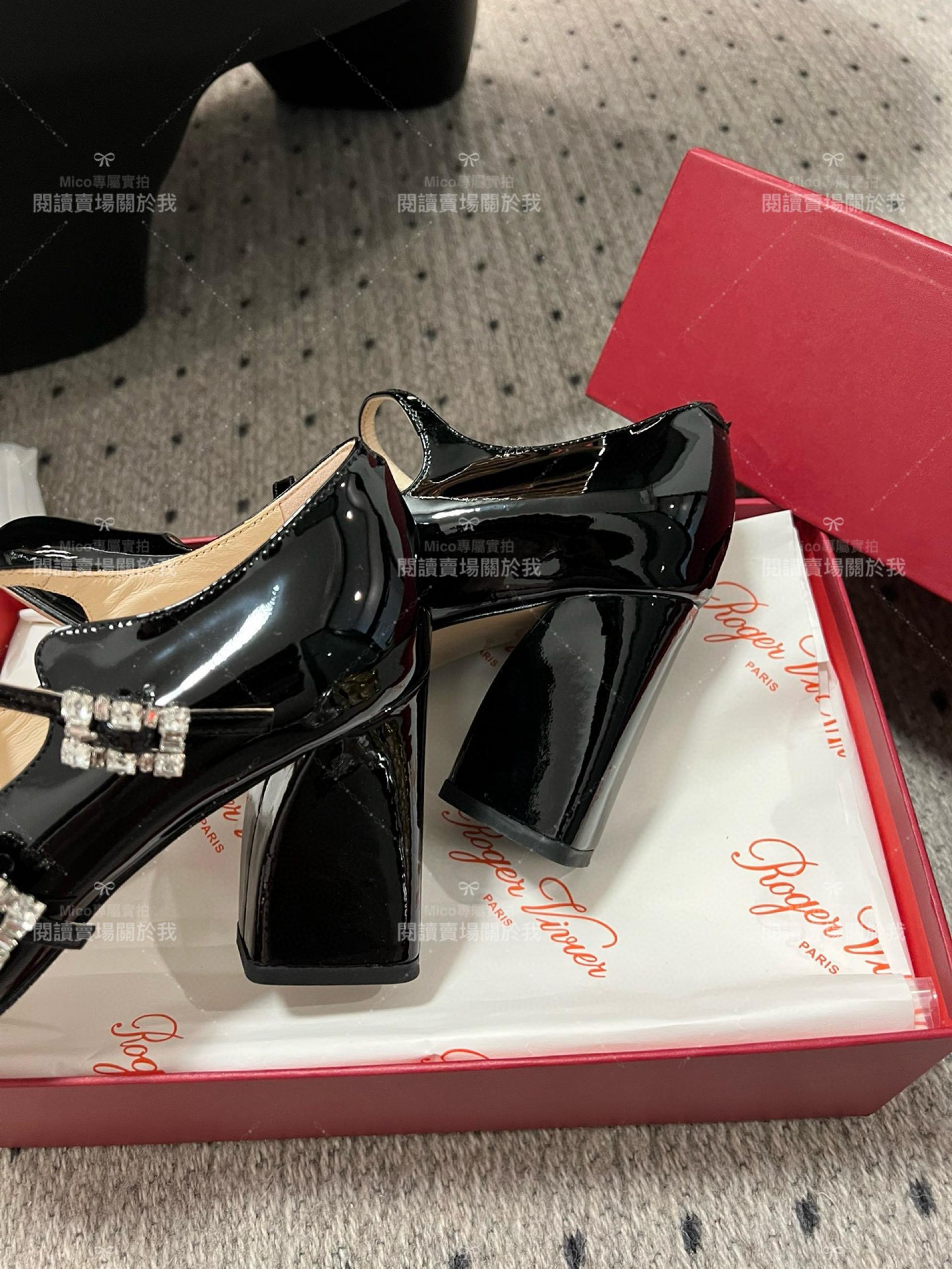 Roger vivier 水鑽釦 瑪莉珍粗跟高跟鞋 經典黑 漆皮 RV Tres Vivier mini babies 跟高8.5cm 34-40