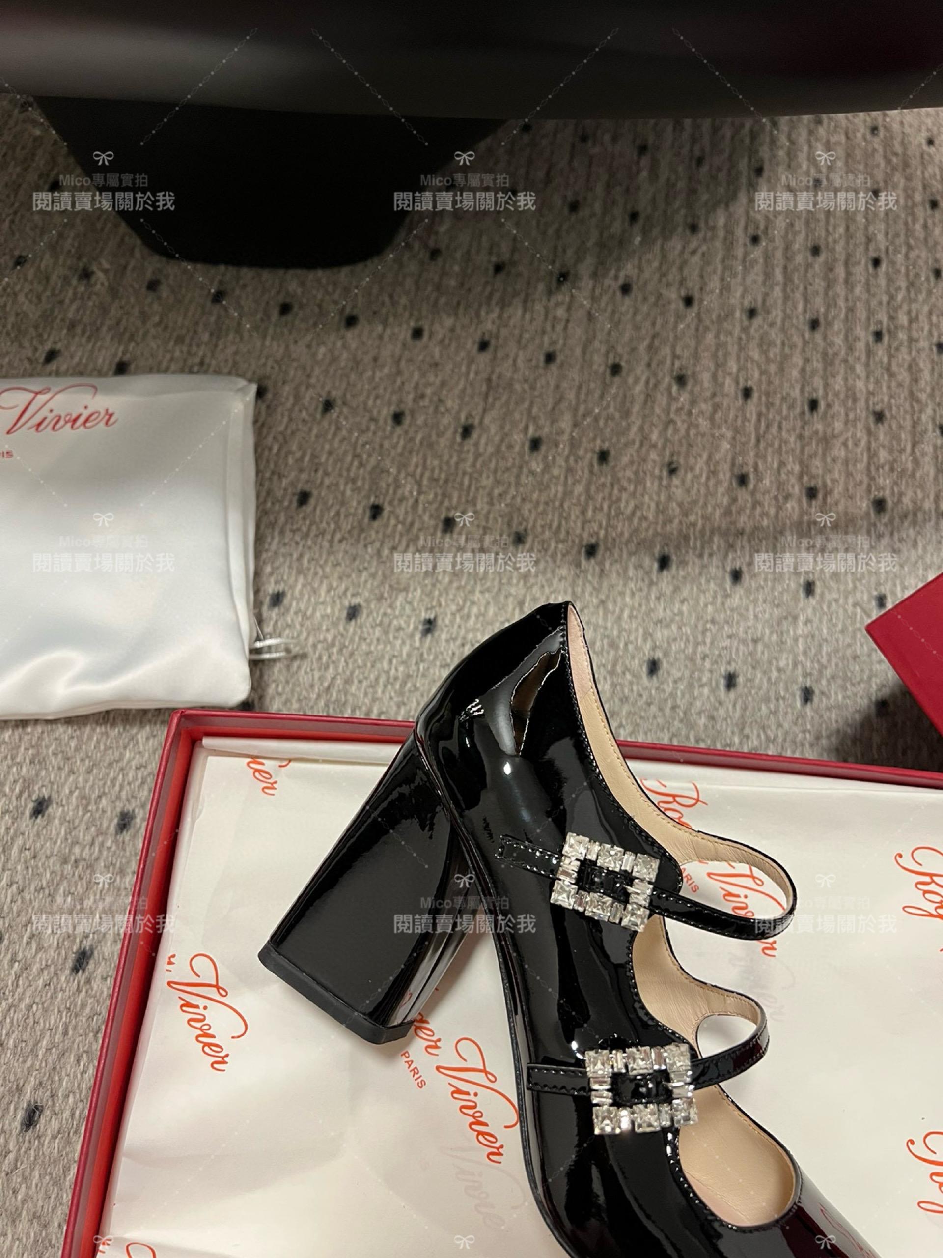 Roger vivier 水鑽釦 瑪莉珍粗跟高跟鞋 經典黑 漆皮 RV Tres Vivier mini babies 跟高8.5cm 34-40