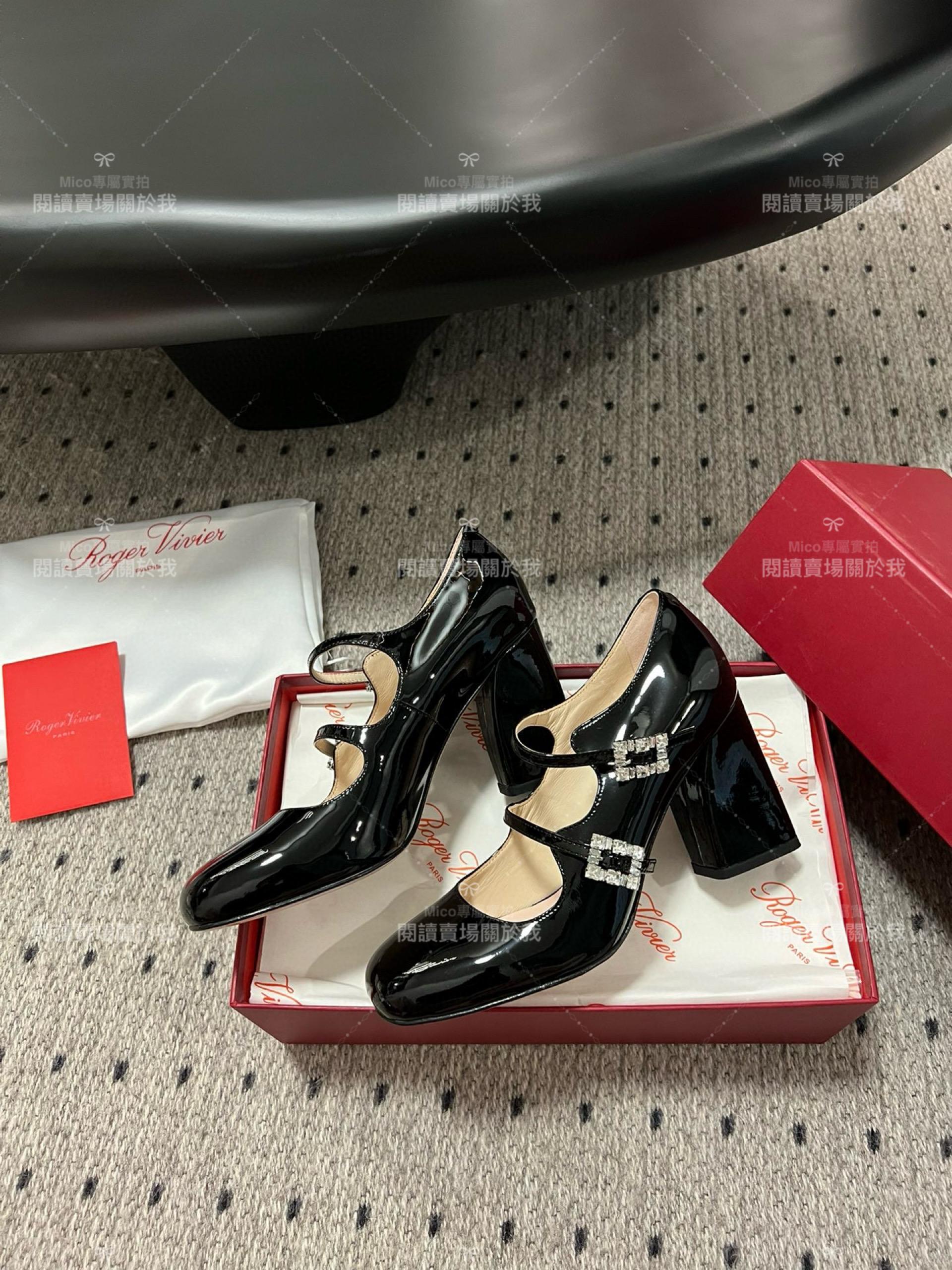 Roger vivier 水鑽釦 瑪莉珍粗跟高跟鞋 經典黑 漆皮 RV Tres Vivier mini babies 跟高8.5cm 34-40