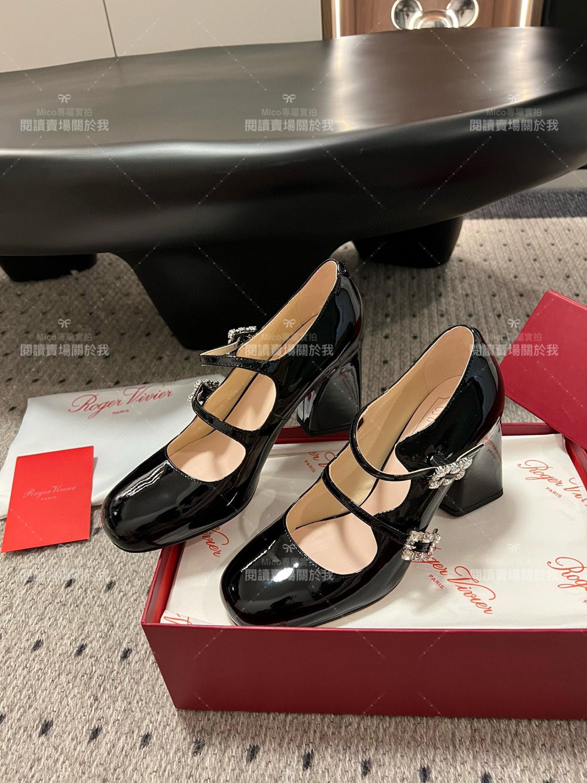 Roger vivier 水鑽釦 瑪莉珍粗跟高跟鞋 經典黑 漆皮 RV Tres Vivier mini babies 跟高8.5cm 34-40