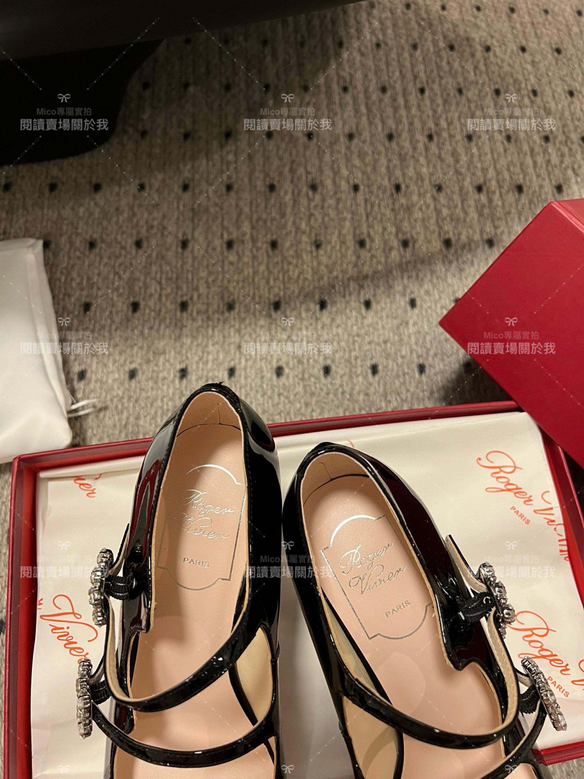 Roger vivier 水鑽釦 瑪莉珍粗跟高跟鞋 經典黑 漆皮 RV Tres Vivier mini babies 跟高8.5cm 34-40