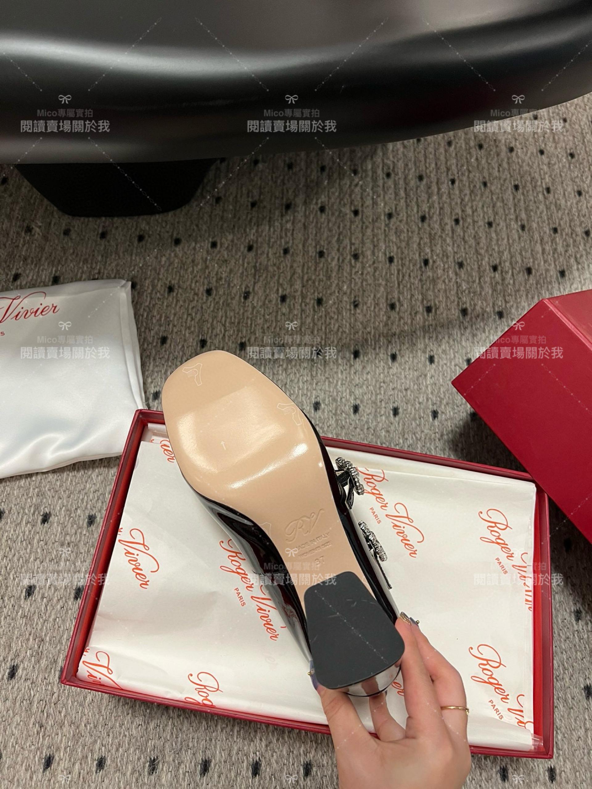 Roger vivier 水鑽釦 瑪莉珍粗跟高跟鞋 經典黑 漆皮 RV Tres Vivier mini babies 跟高8.5cm 34-40