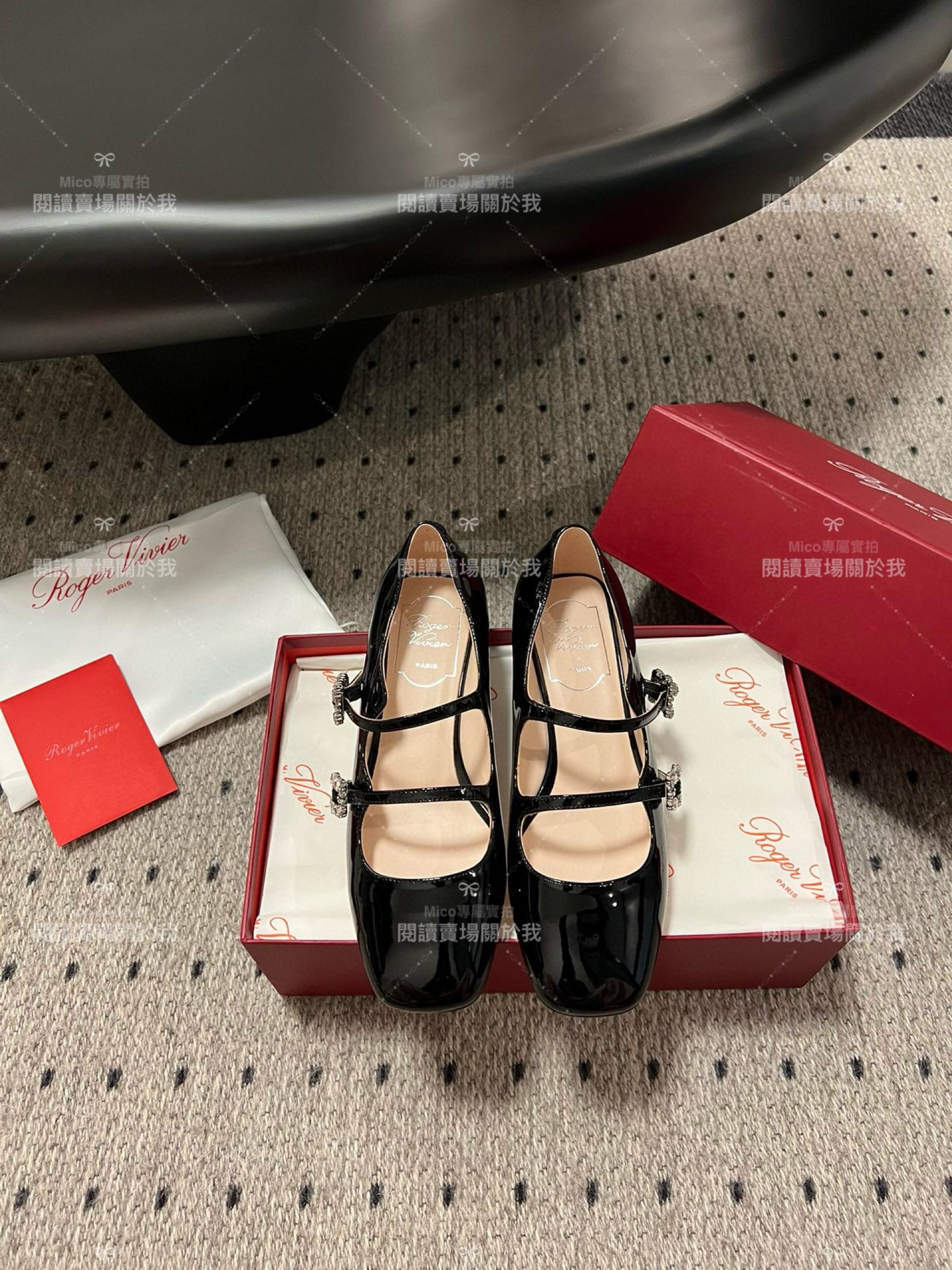 Roger vivier 水鑽釦 漆皮黑 RV復古瑪莉珍粗跟跟鞋 平底鞋 低跟鞋 3cm 34-40