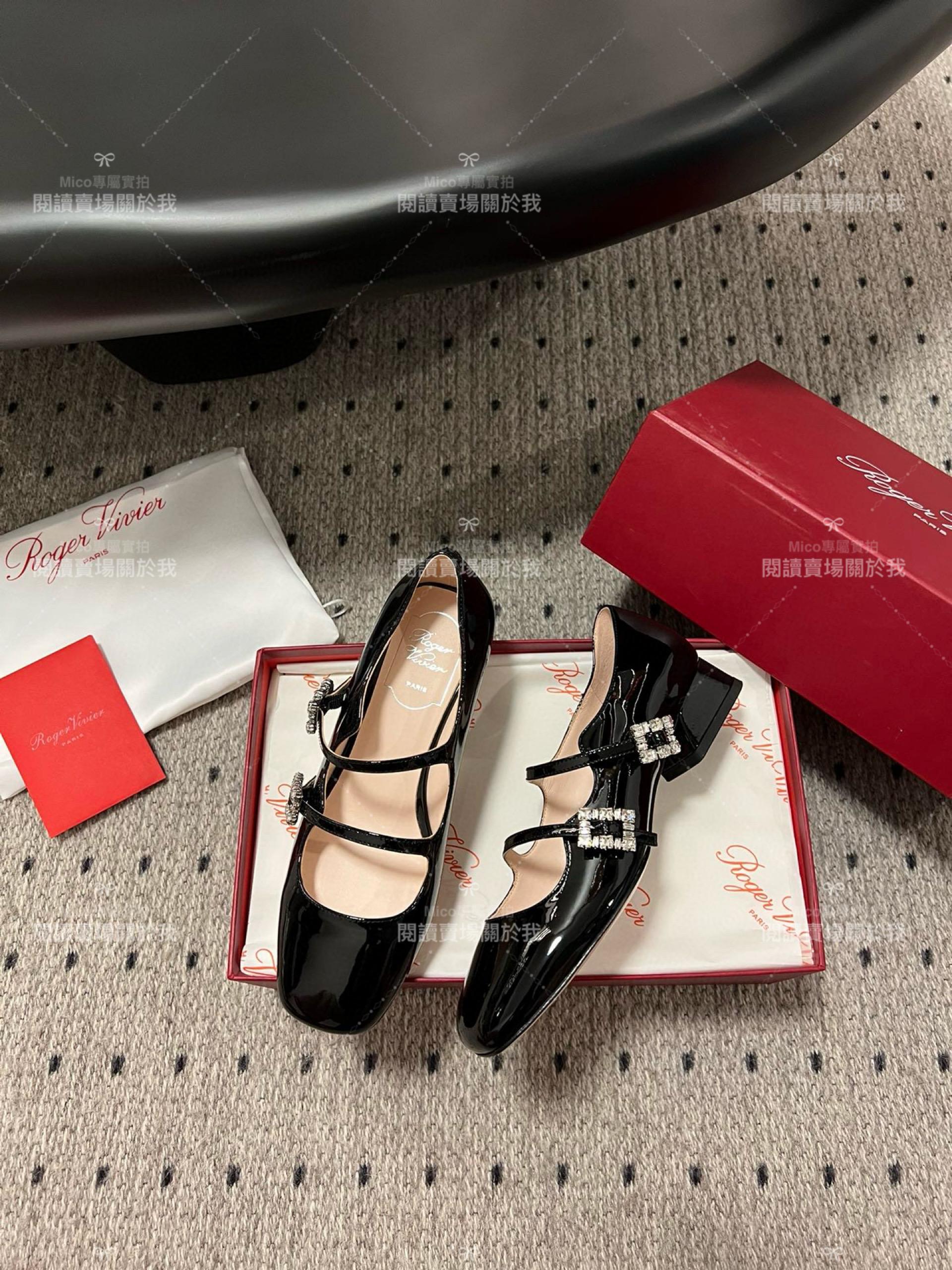 Roger vivier 水鑽釦 漆皮黑 RV復古瑪莉珍粗跟跟鞋 平底鞋 低跟鞋 3cm 34-40