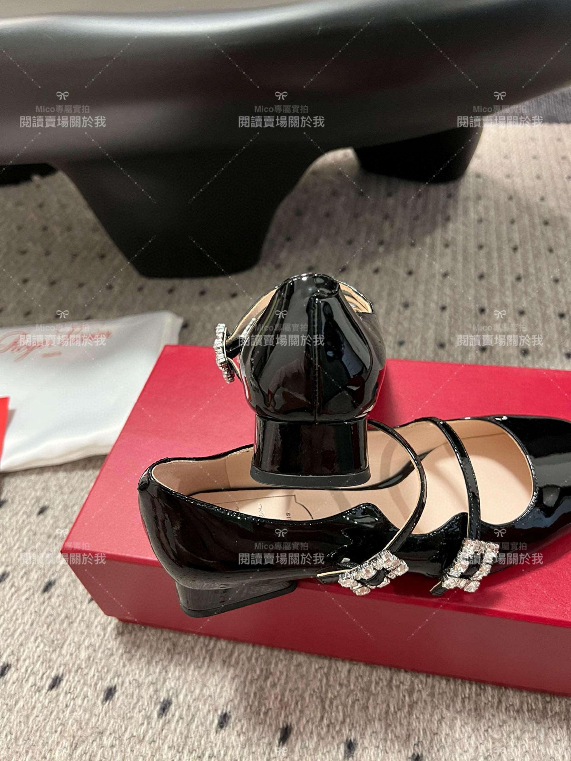 Roger vivier 水鑽釦 漆皮黑 RV復古瑪莉珍粗跟跟鞋 平底鞋 低跟鞋 3cm 34-40