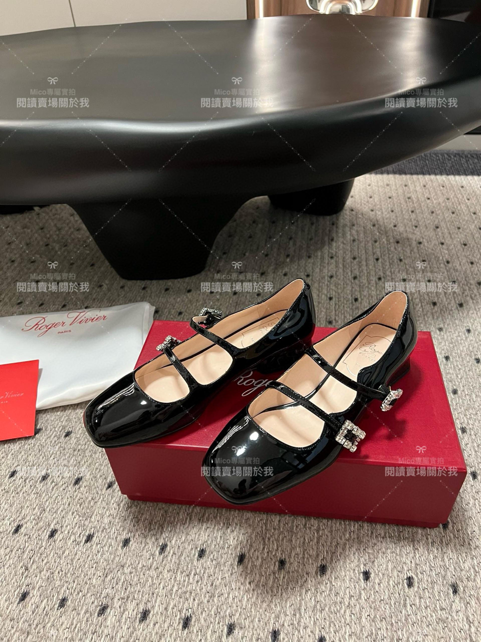 Roger vivier 水鑽釦 漆皮黑 RV復古瑪莉珍粗跟跟鞋 平底鞋 低跟鞋 3cm 34-40