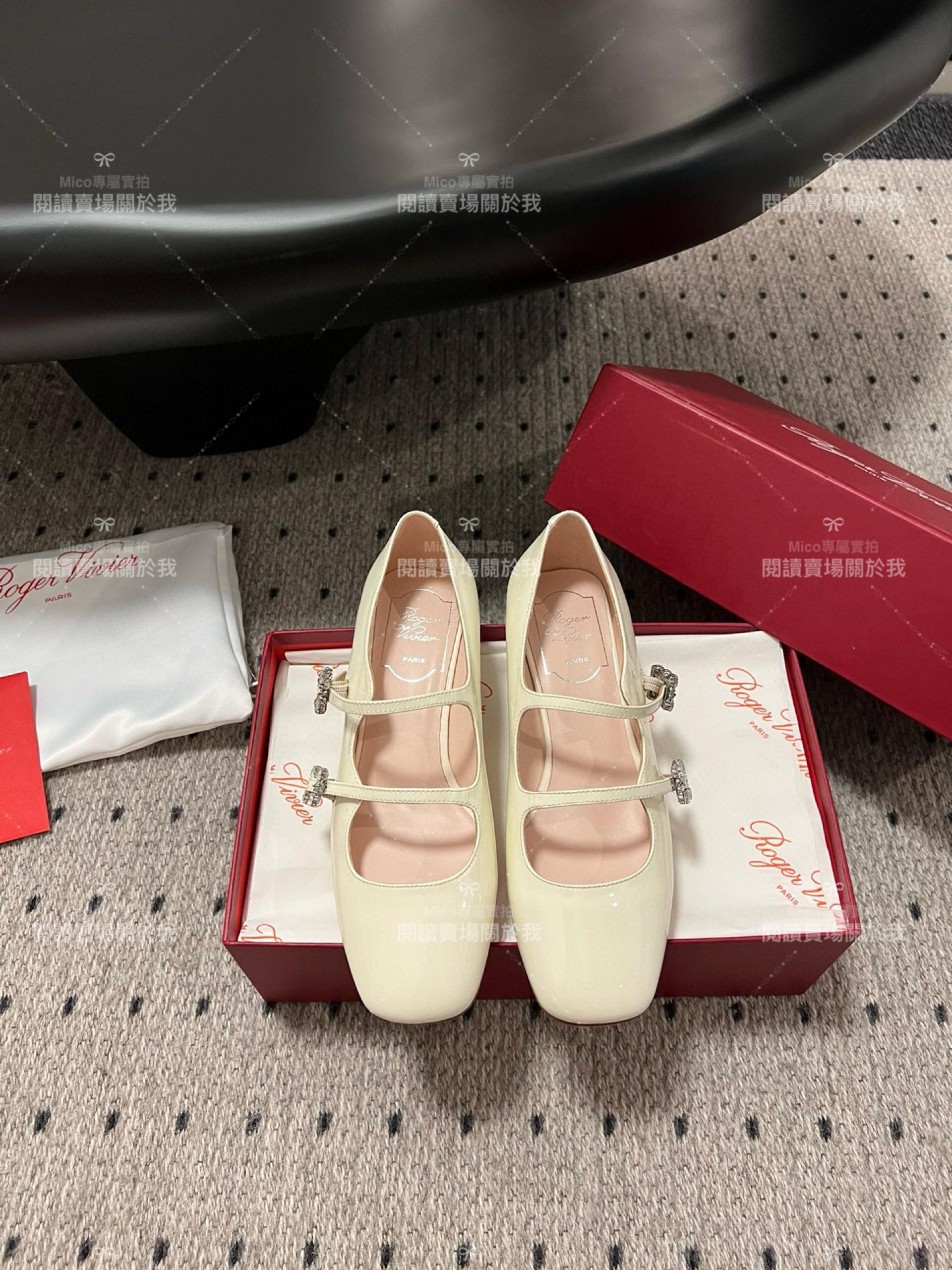 Roger vivier 水鑽釦 漆皮 奶油白 RV復古瑪莉珍粗跟跟鞋 平底鞋 低跟鞋 3cm 34-40