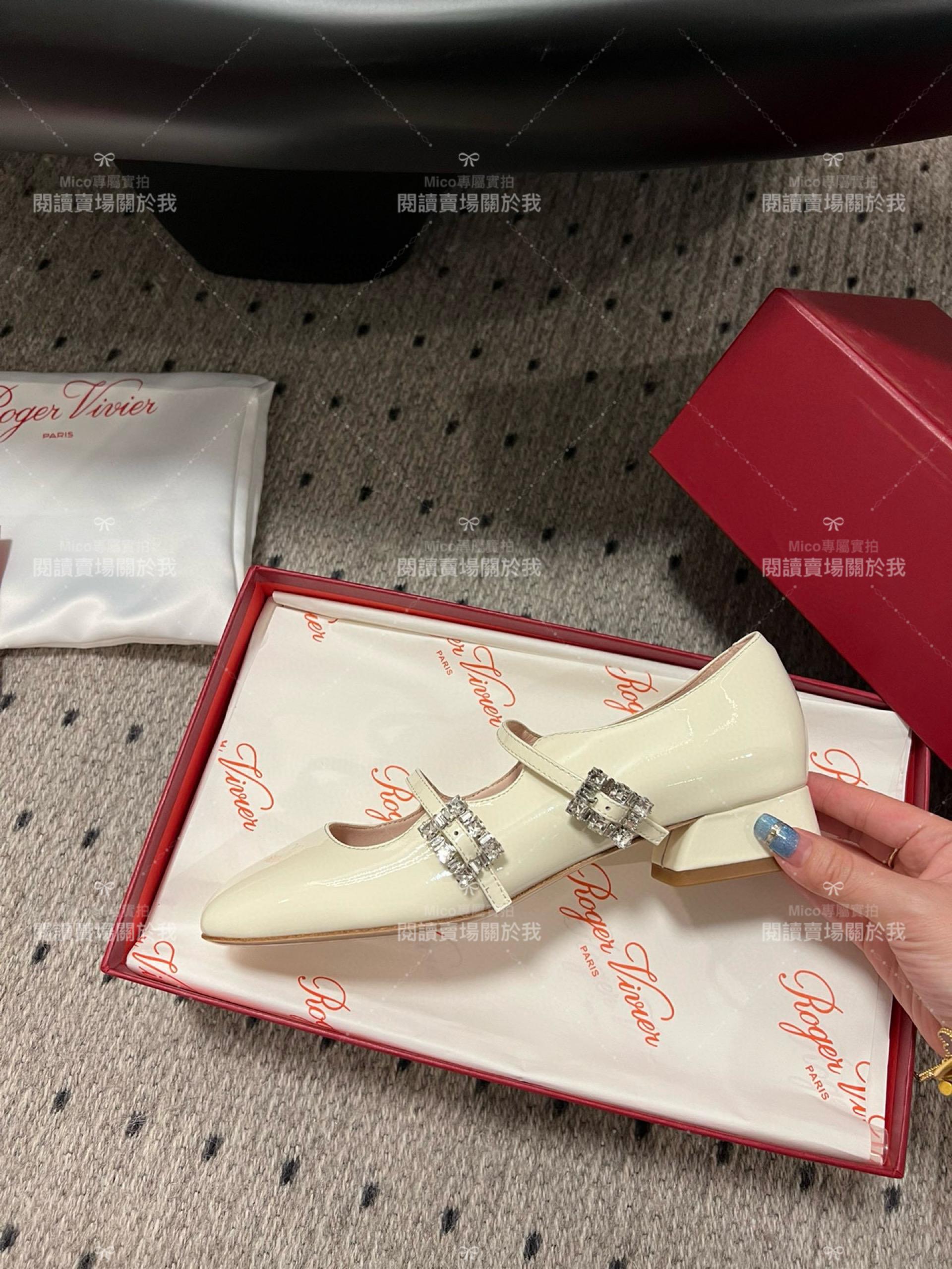 Roger vivier 水鑽釦 漆皮 奶油白 RV復古瑪莉珍粗跟跟鞋 平底鞋 低跟鞋 3cm 34-40