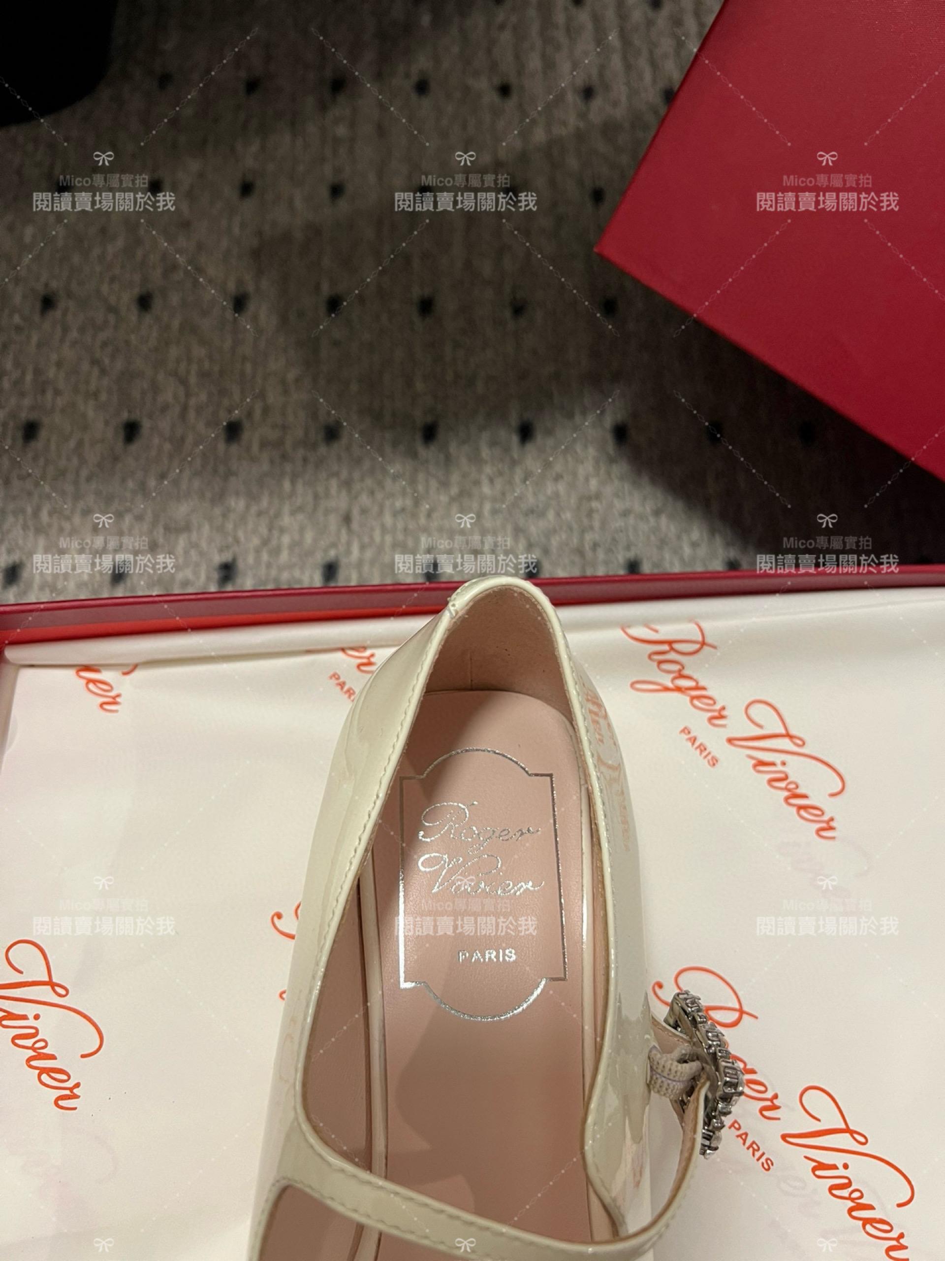 Roger vivier 水鑽釦 漆皮 奶油白 RV復古瑪莉珍粗跟跟鞋 平底鞋 低跟鞋 3cm 34-40