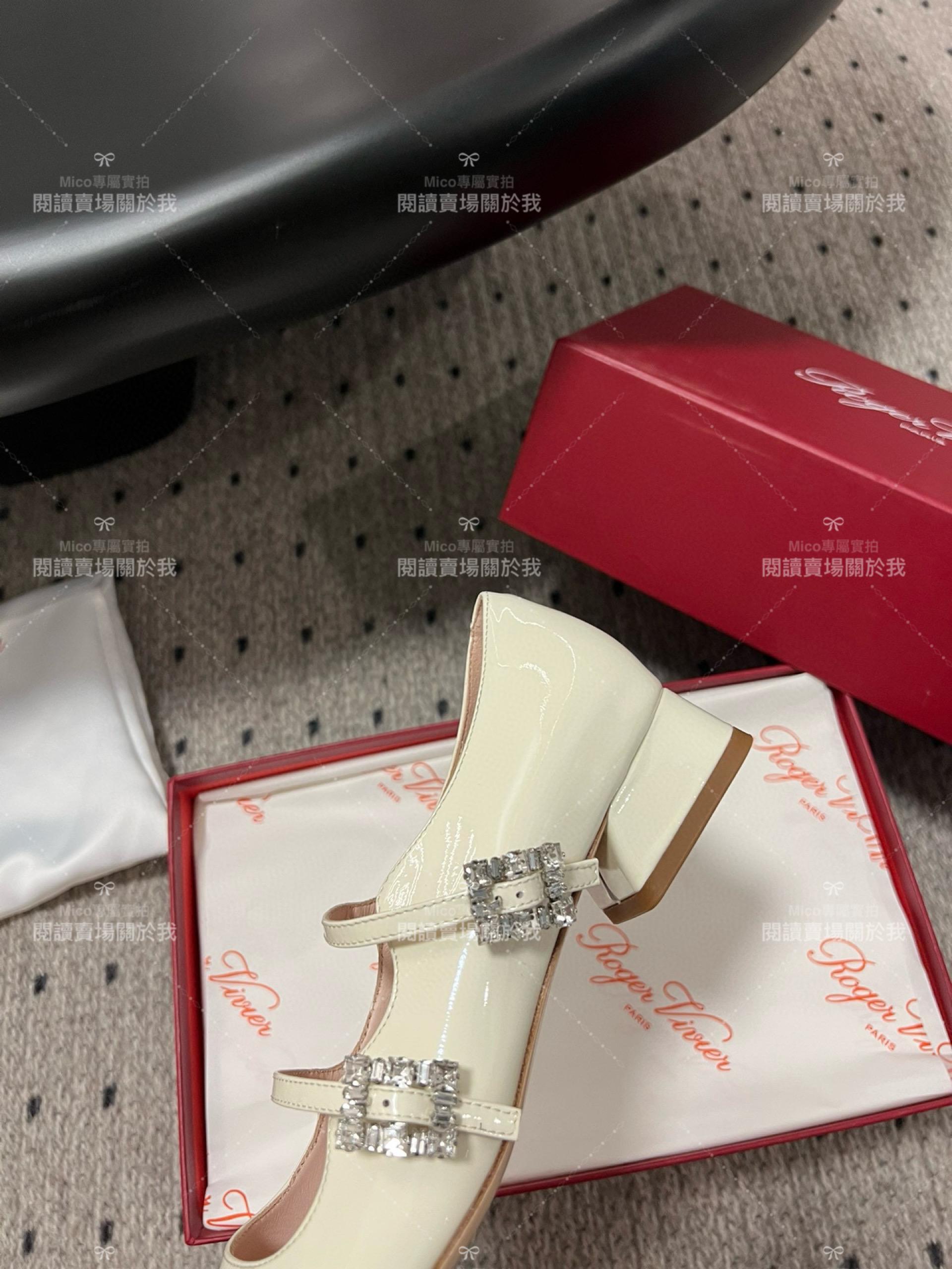 Roger vivier 水鑽釦 漆皮 奶油白 RV復古瑪莉珍粗跟跟鞋 平底鞋 低跟鞋 3cm 34-40