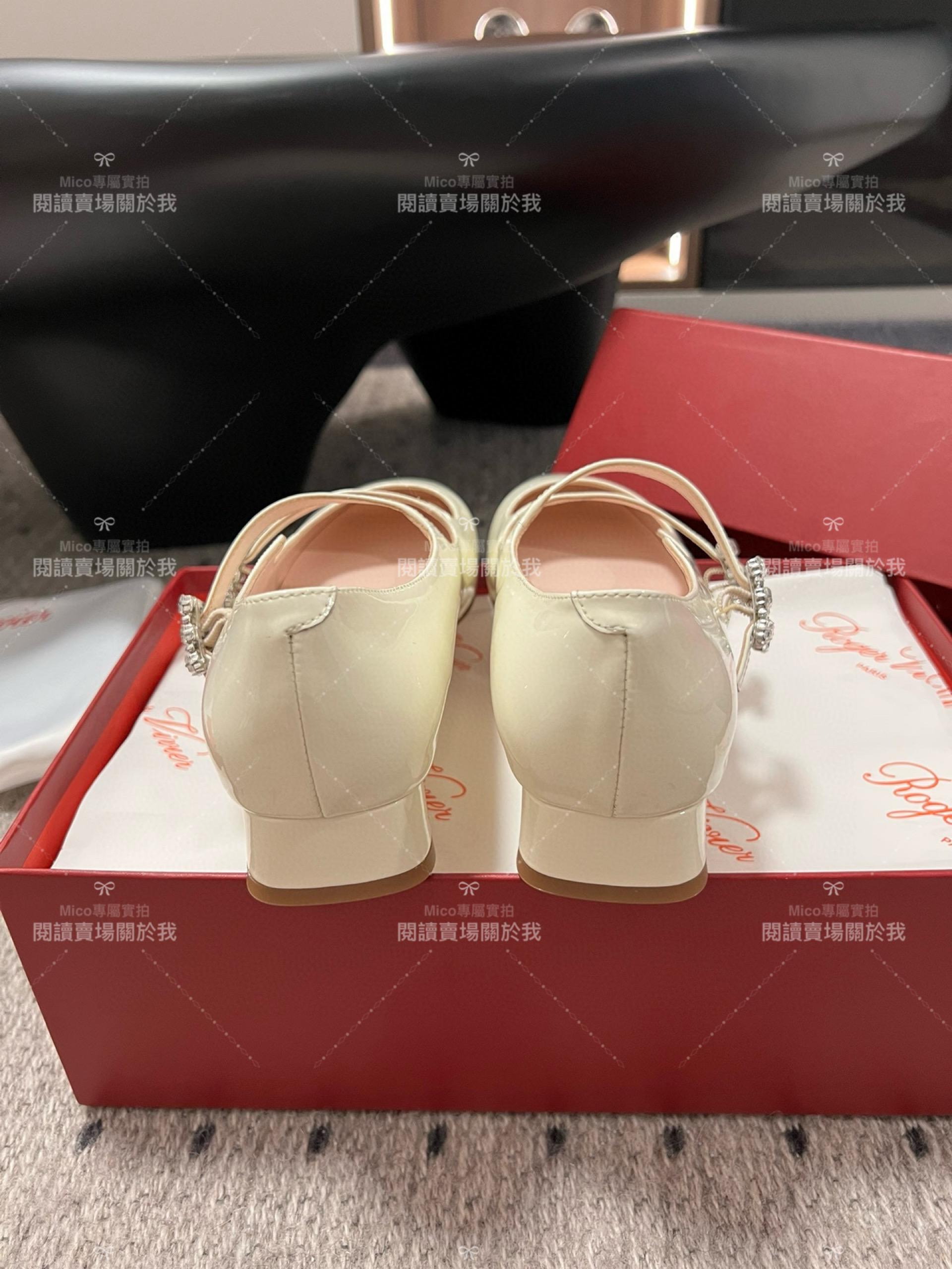 Roger vivier 水鑽釦 漆皮 奶油白 RV復古瑪莉珍粗跟跟鞋 平底鞋 低跟鞋 3cm 34-40