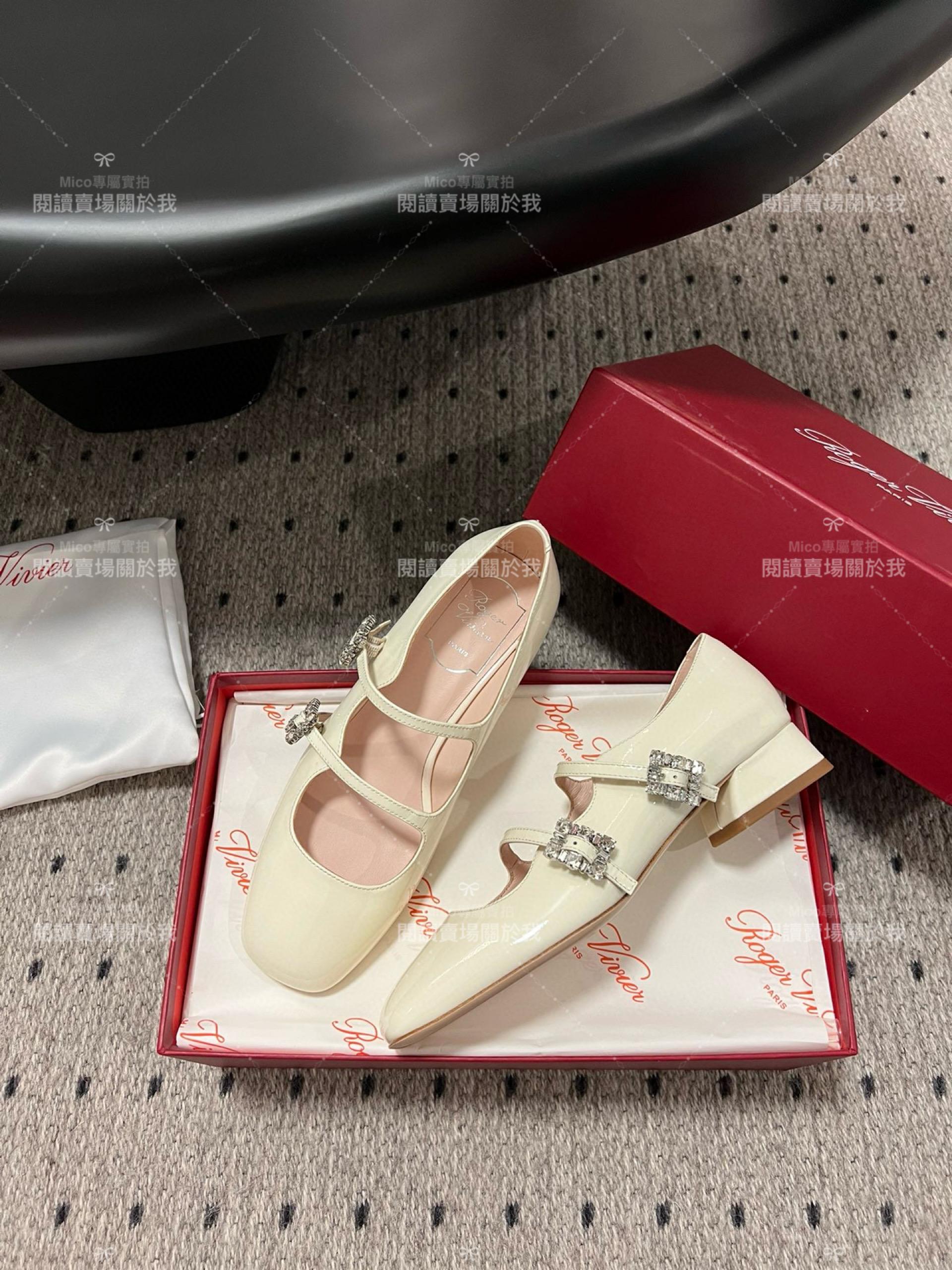 Roger vivier 水鑽釦 漆皮 奶油白 RV復古瑪莉珍粗跟跟鞋 平底鞋 低跟鞋 3cm 34-40