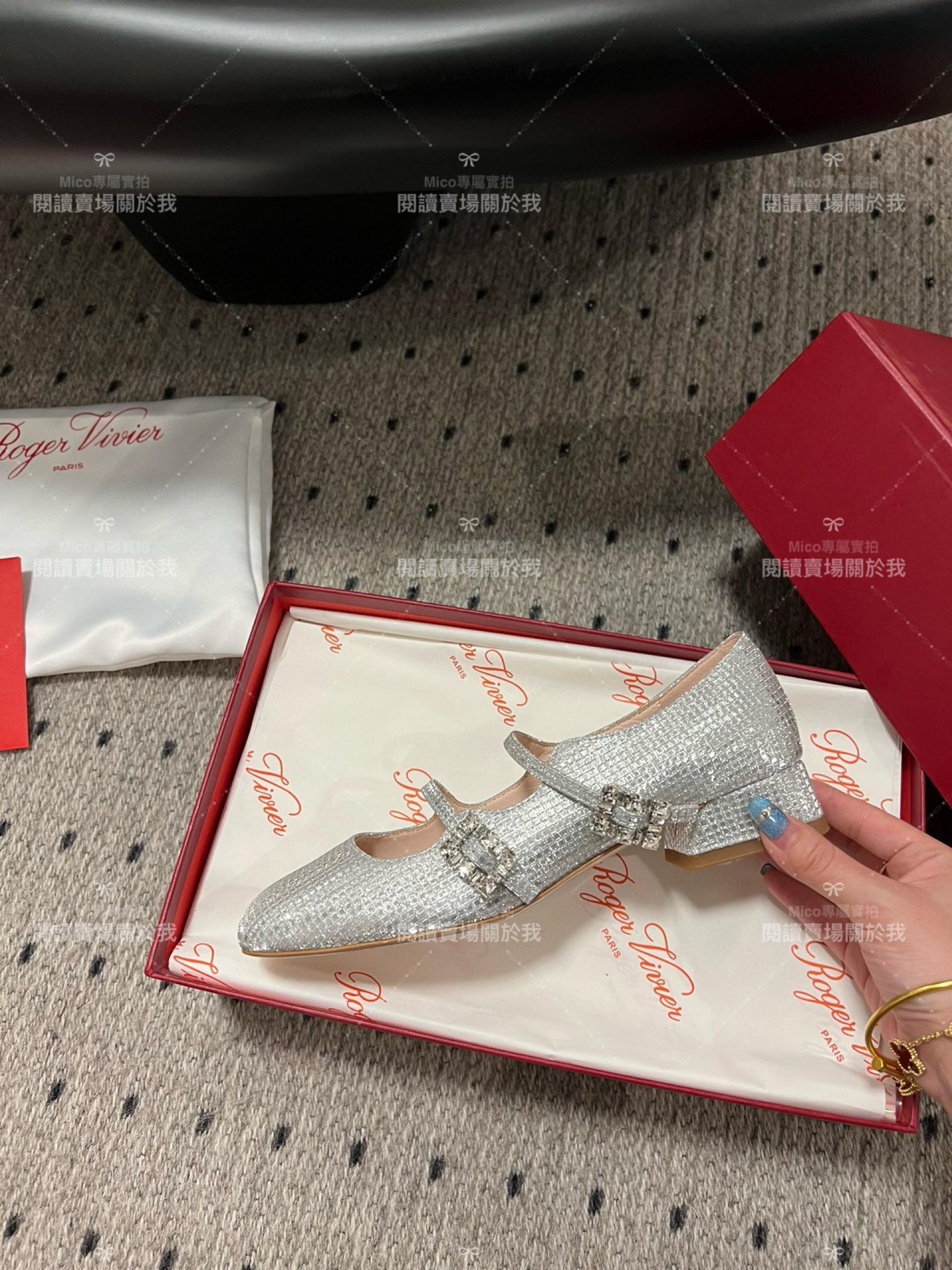 Roger vivier 水鑽釦 閃銀 RV復古瑪莉珍粗跟跟鞋 平底鞋 低跟鞋 3cm 34-40