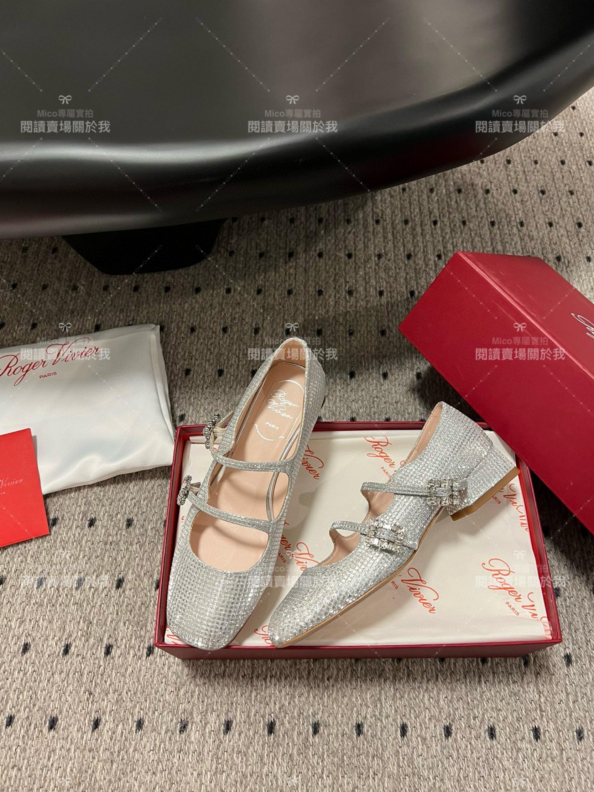 Roger vivier 水鑽釦 閃銀 RV復古瑪莉珍粗跟跟鞋 平底鞋 低跟鞋 3cm 34-40