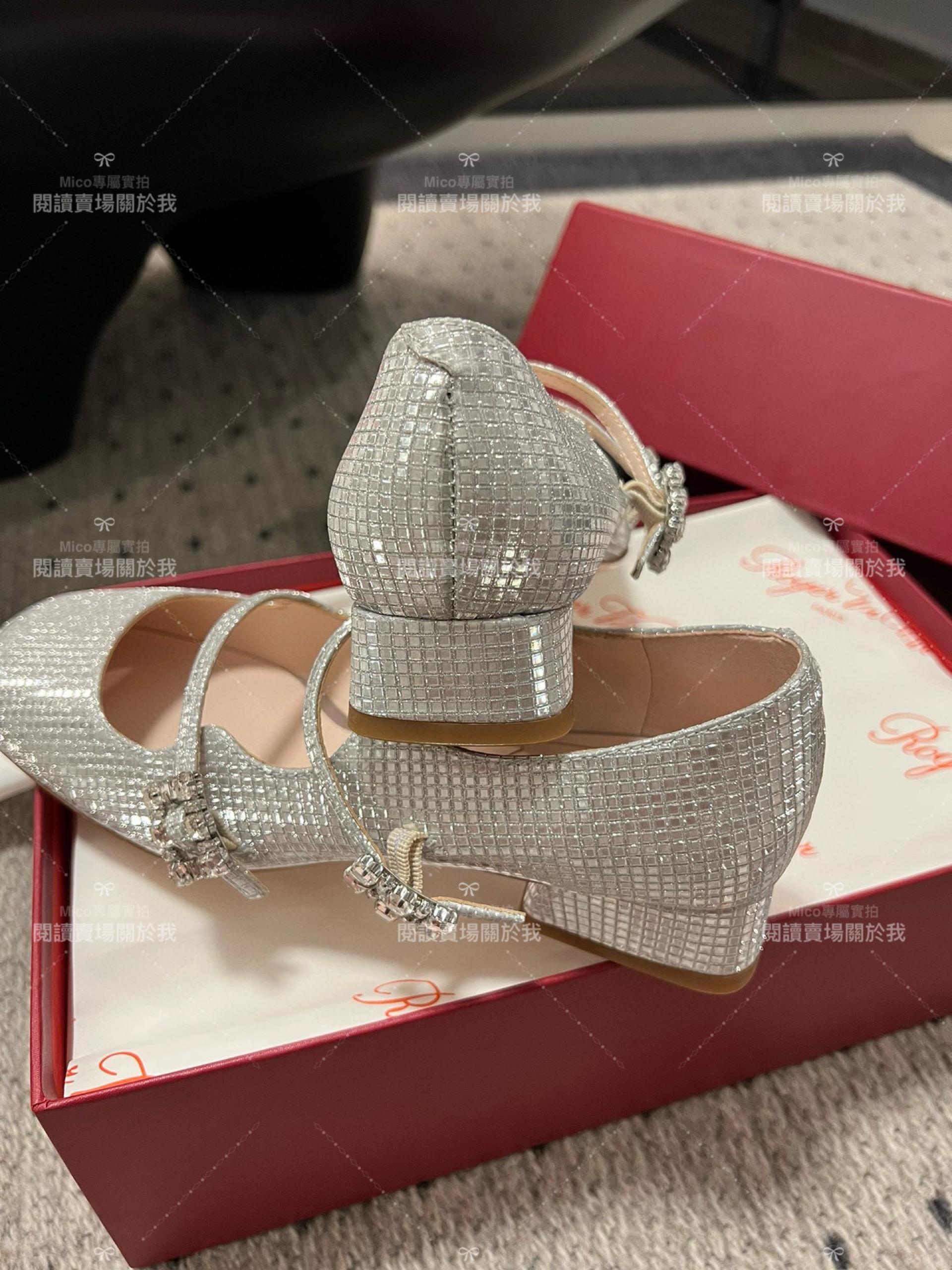 Roger vivier 水鑽釦 閃銀 RV復古瑪莉珍粗跟跟鞋 平底鞋 低跟鞋 3cm 34-40