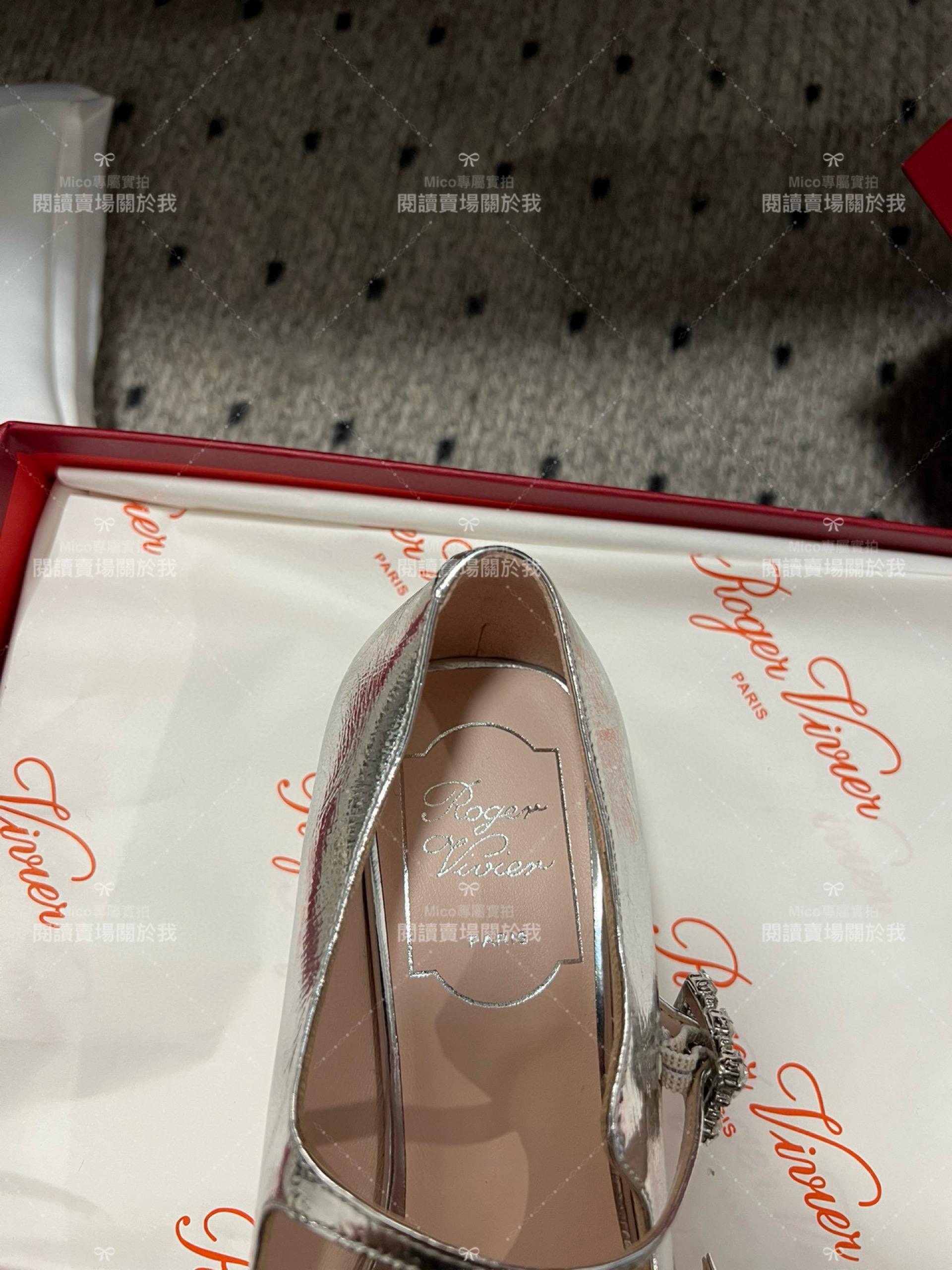 Roger vivier 水鑽釦 銀色 RV復古瑪莉珍粗跟跟鞋 平底鞋 低跟鞋 3cm 34-40