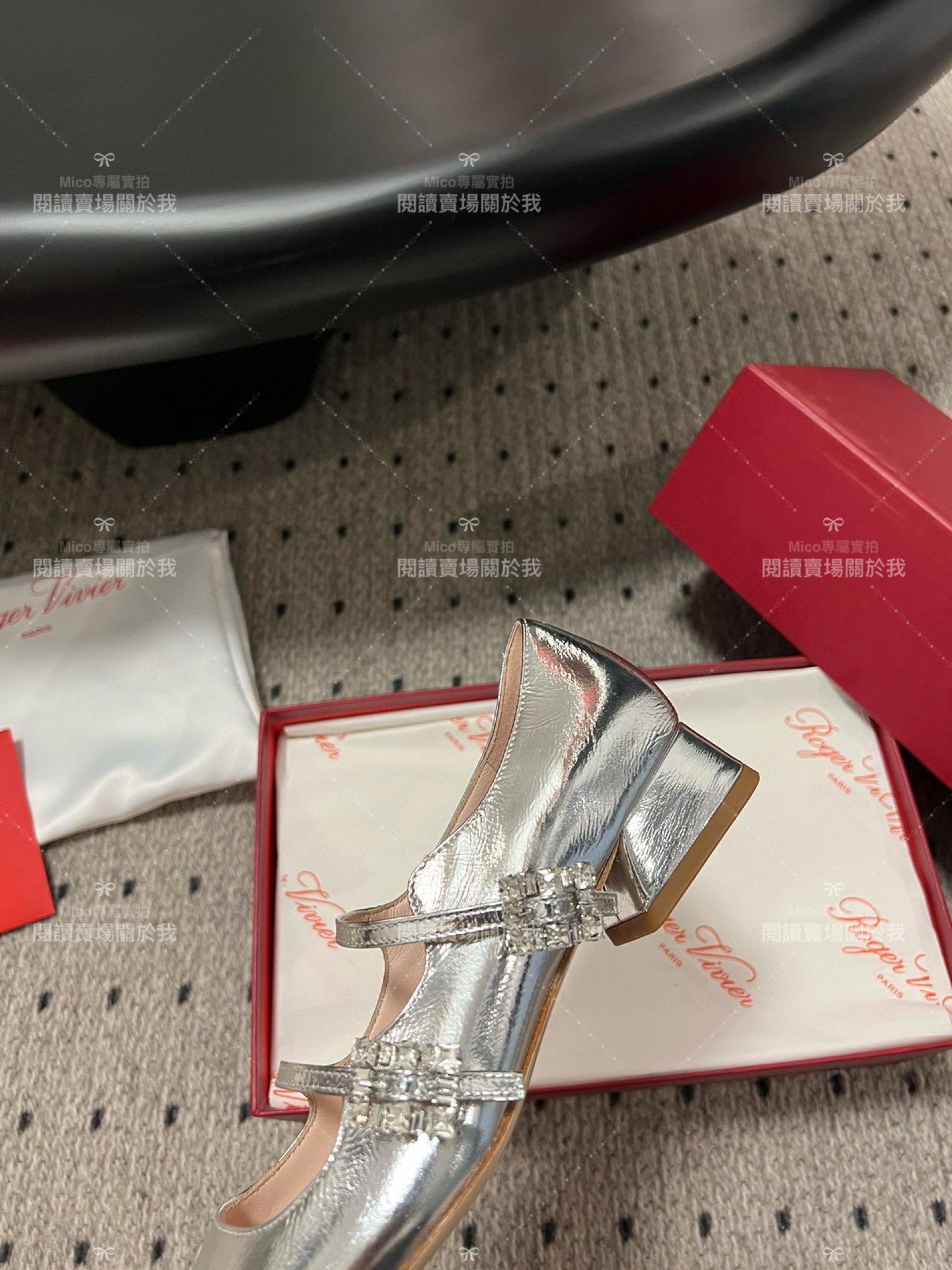 Roger vivier 水鑽釦 銀色 RV復古瑪莉珍粗跟跟鞋 平底鞋 低跟鞋 3cm 34-40