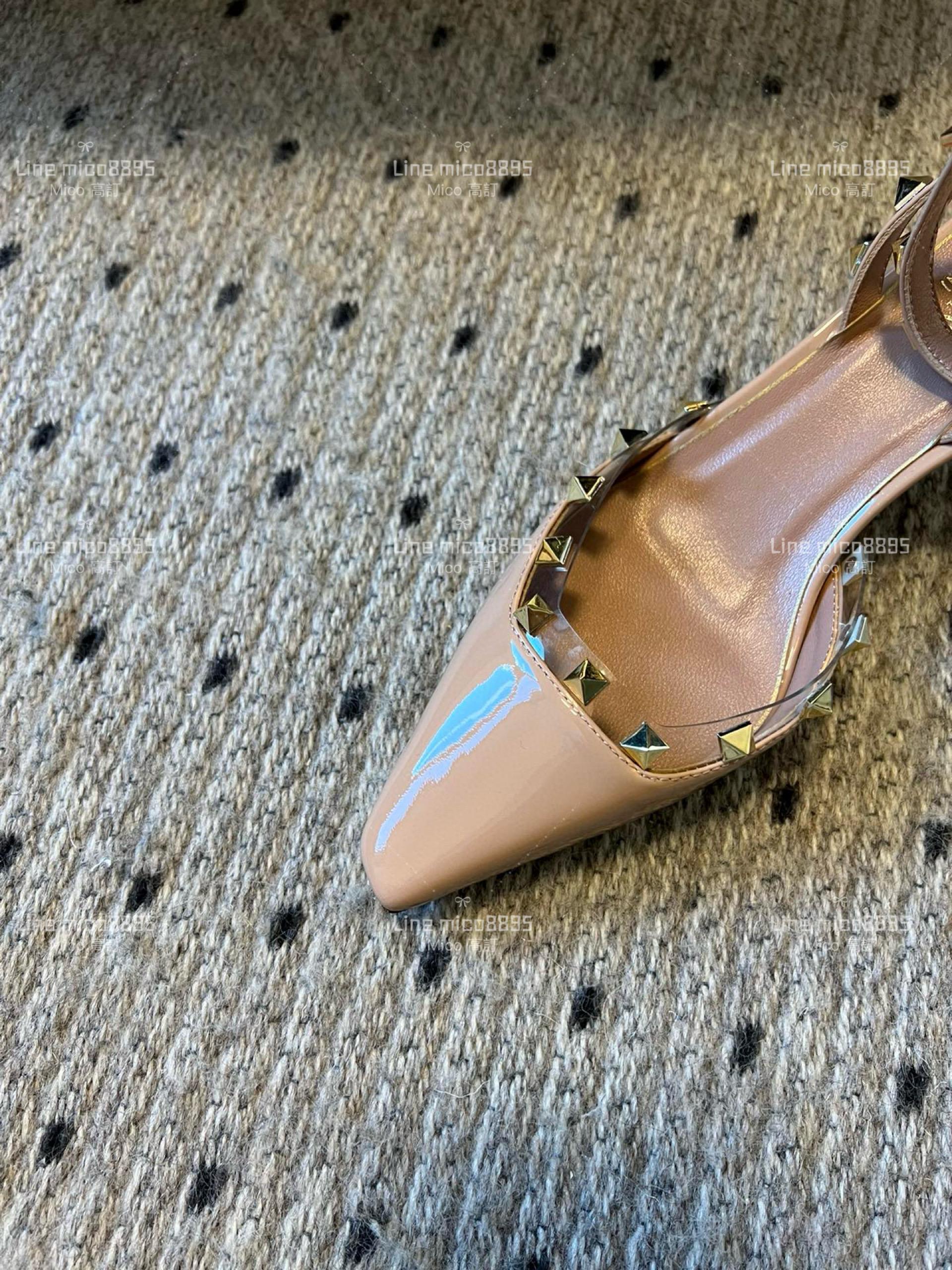 Valentino 裸粉色漆皮 低跟卯釘繫帶涼鞋 女鞋 35-40 跟高4cm