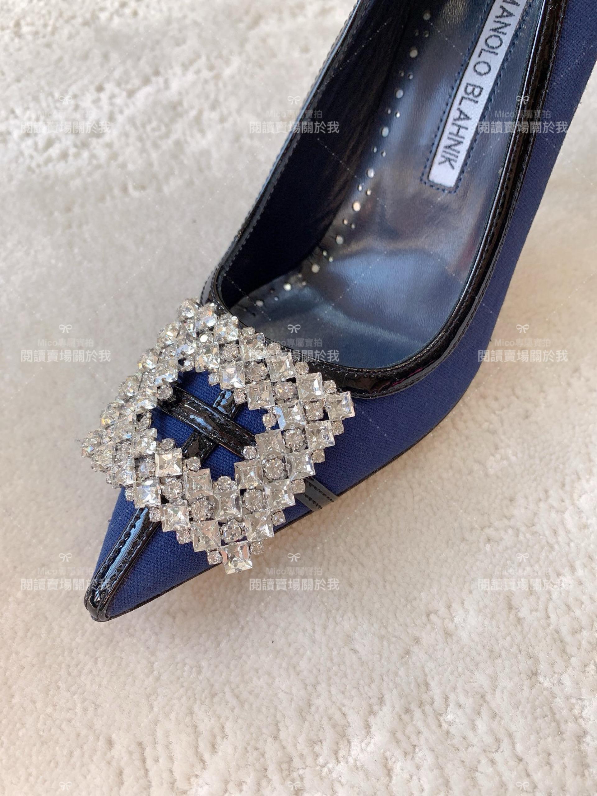 Manolo Blahnik 布面藍 Tuberian 晶飾扣環高跟鞋 跟高10cm 34-41 婚鞋/宴會必備