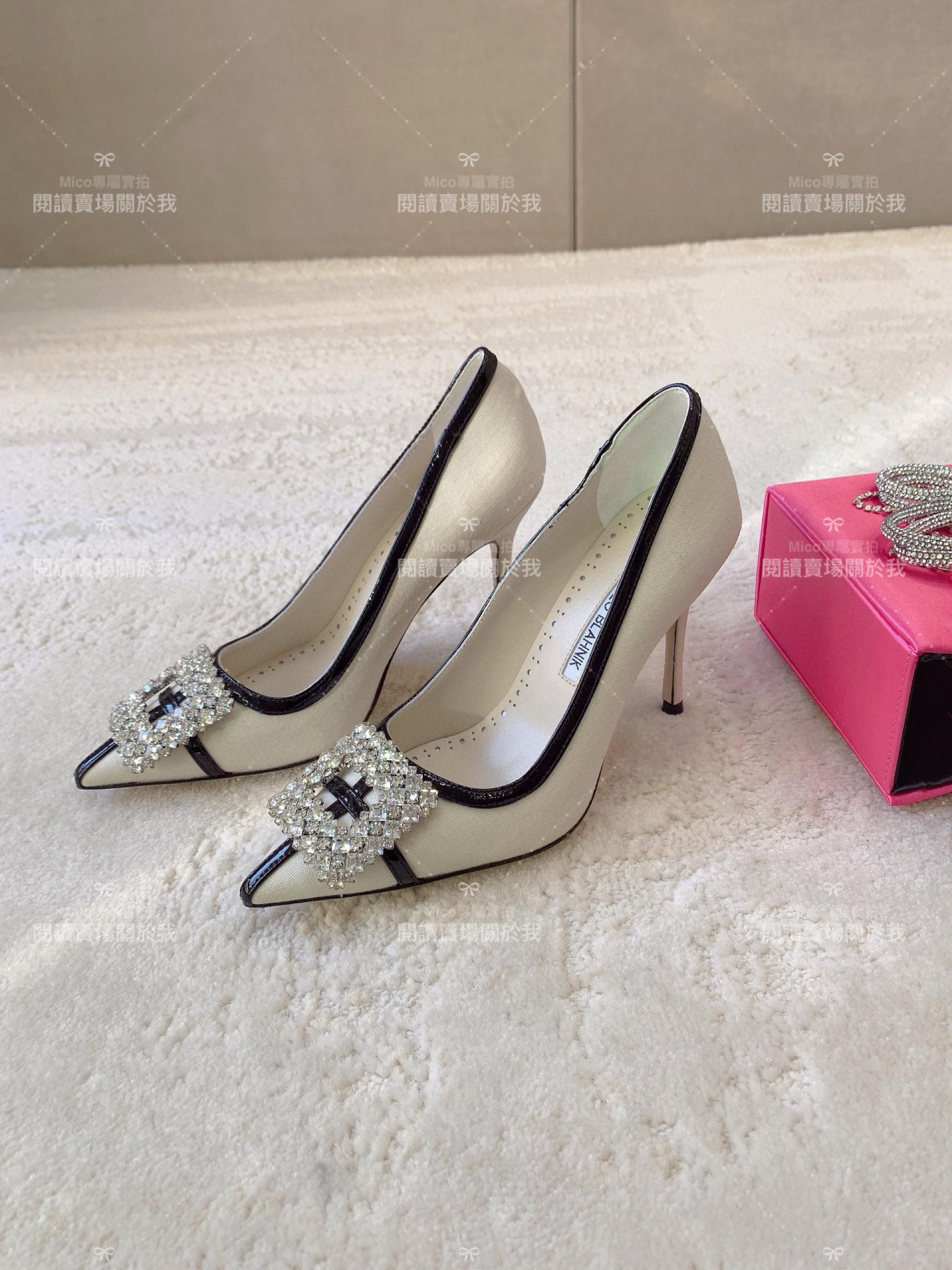 Manolo Blahnik 布面白 Tuberian 晶飾扣環高跟鞋 跟高10cm 34-41 婚鞋/宴會必備