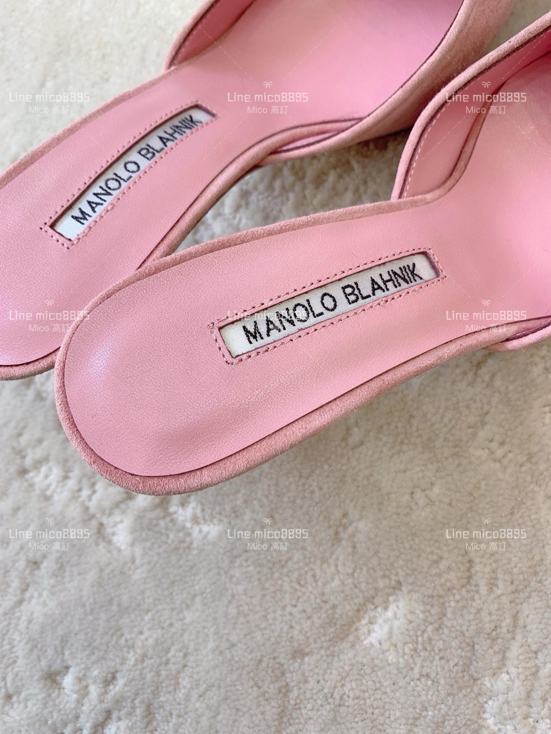 Manolo Blahnik 經典Maysale 系列 麂皮 糖果粉 高跟涼鞋 拖鞋 跟鞋 跟高6.5cm 34-42