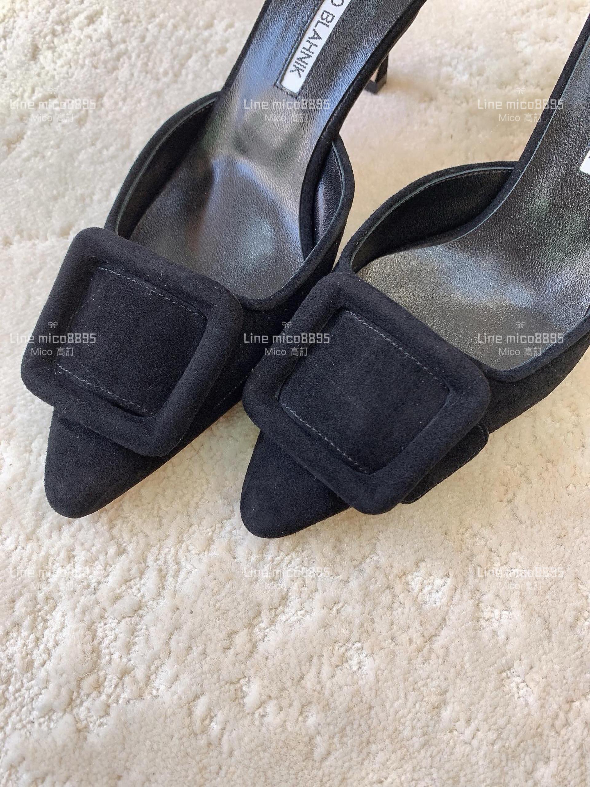 Manolo Blahnik 經典Maysale 系列 麂皮黑 高跟涼鞋 拖鞋 跟鞋 跟高6.5cm 34-42