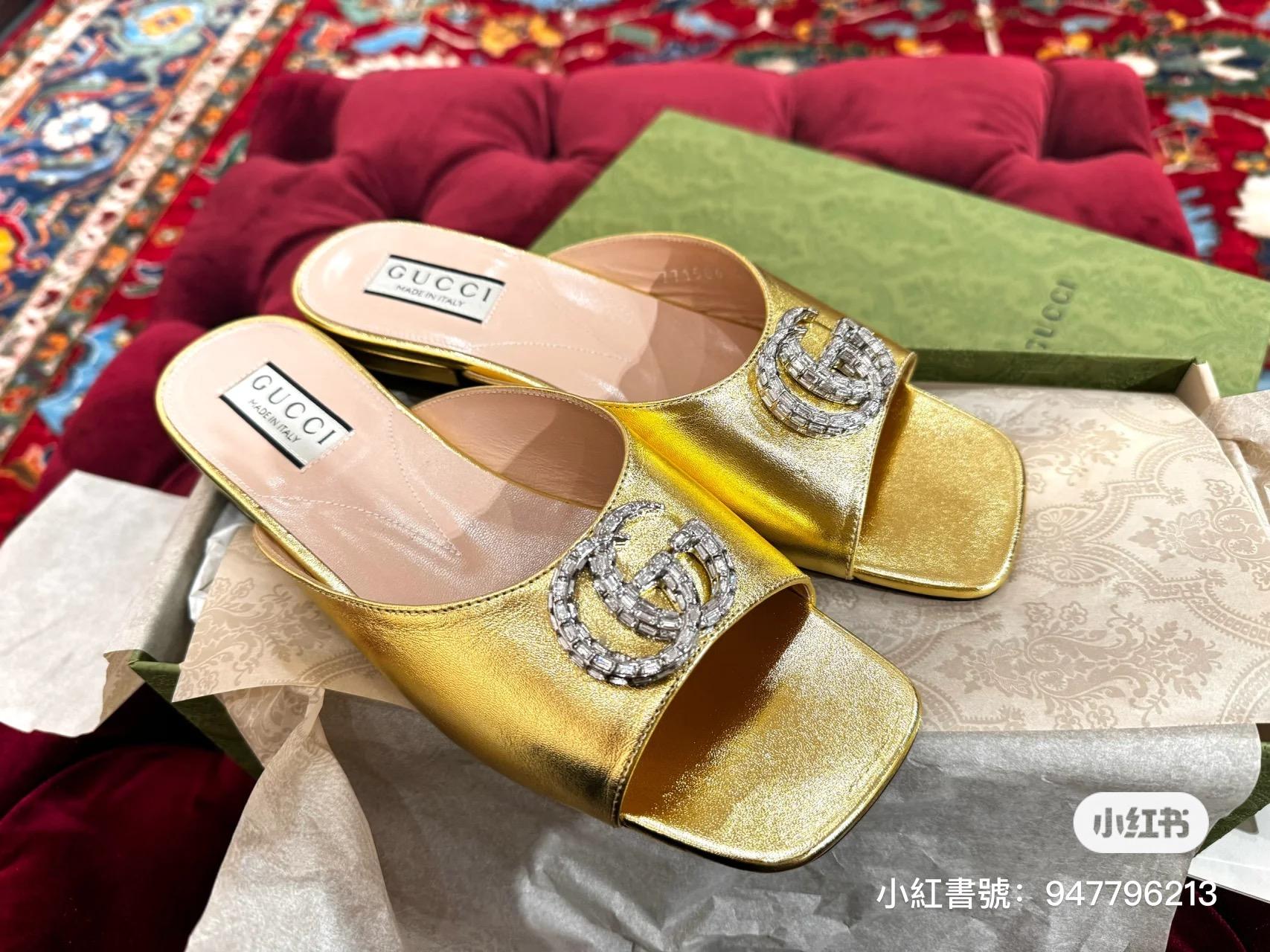 Gucci 24春夏GG水鑽涼拖鞋  金色方頭粗跟果凍色露跟拖鞋 35-40