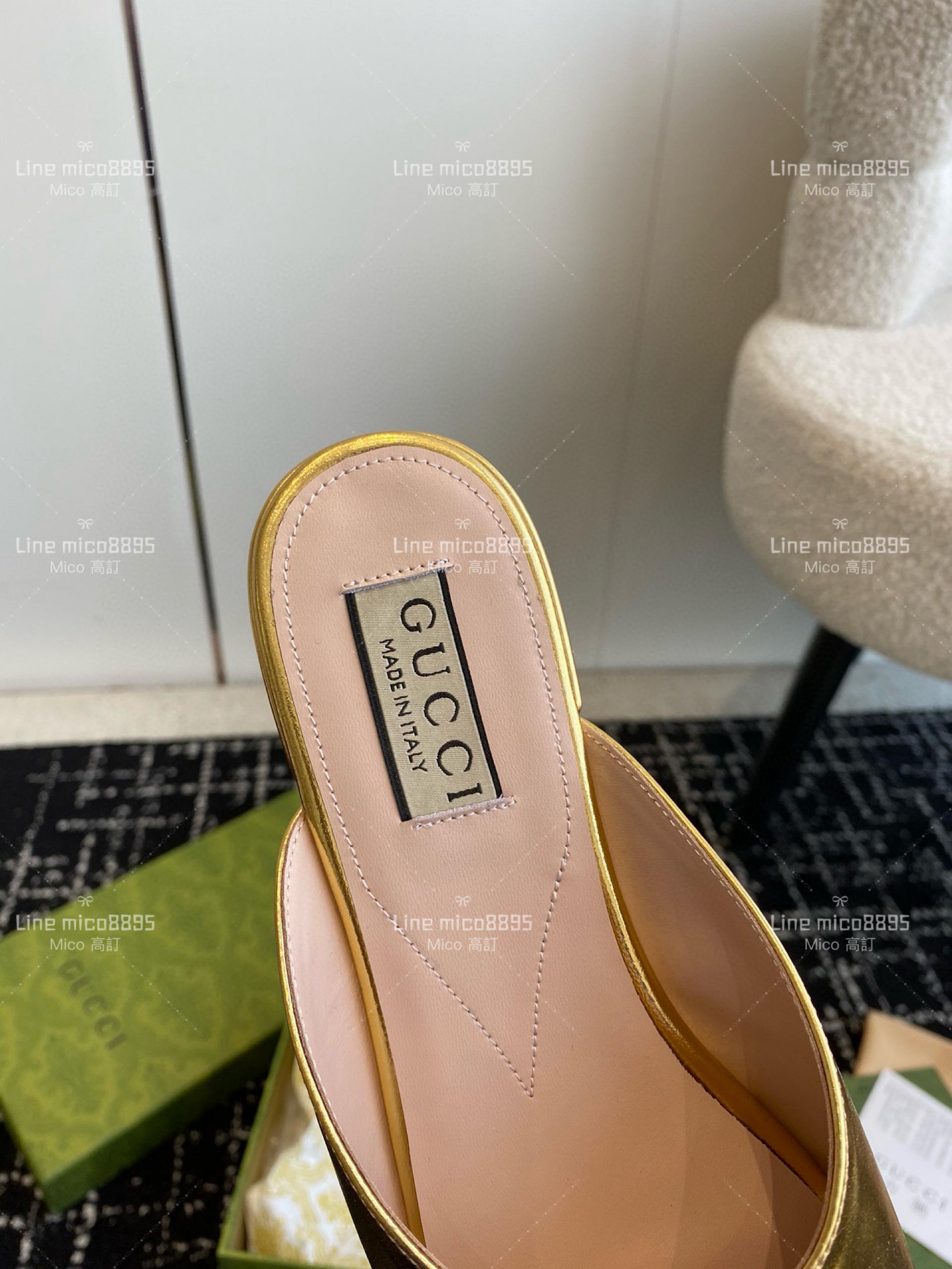 Gucci 24春夏GG水鑽涼拖鞋  金色方頭粗跟果凍色露跟拖鞋 35-40