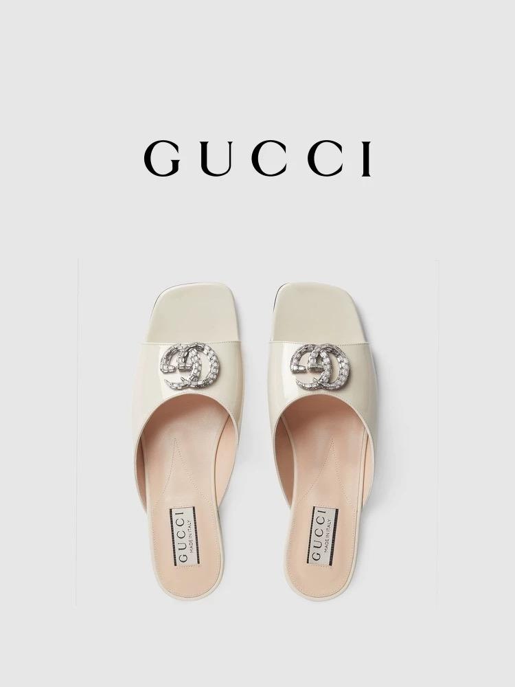 Gucci 24春夏GG水鑽涼拖鞋  白色方頭粗跟果凍色露跟拖鞋 35-40